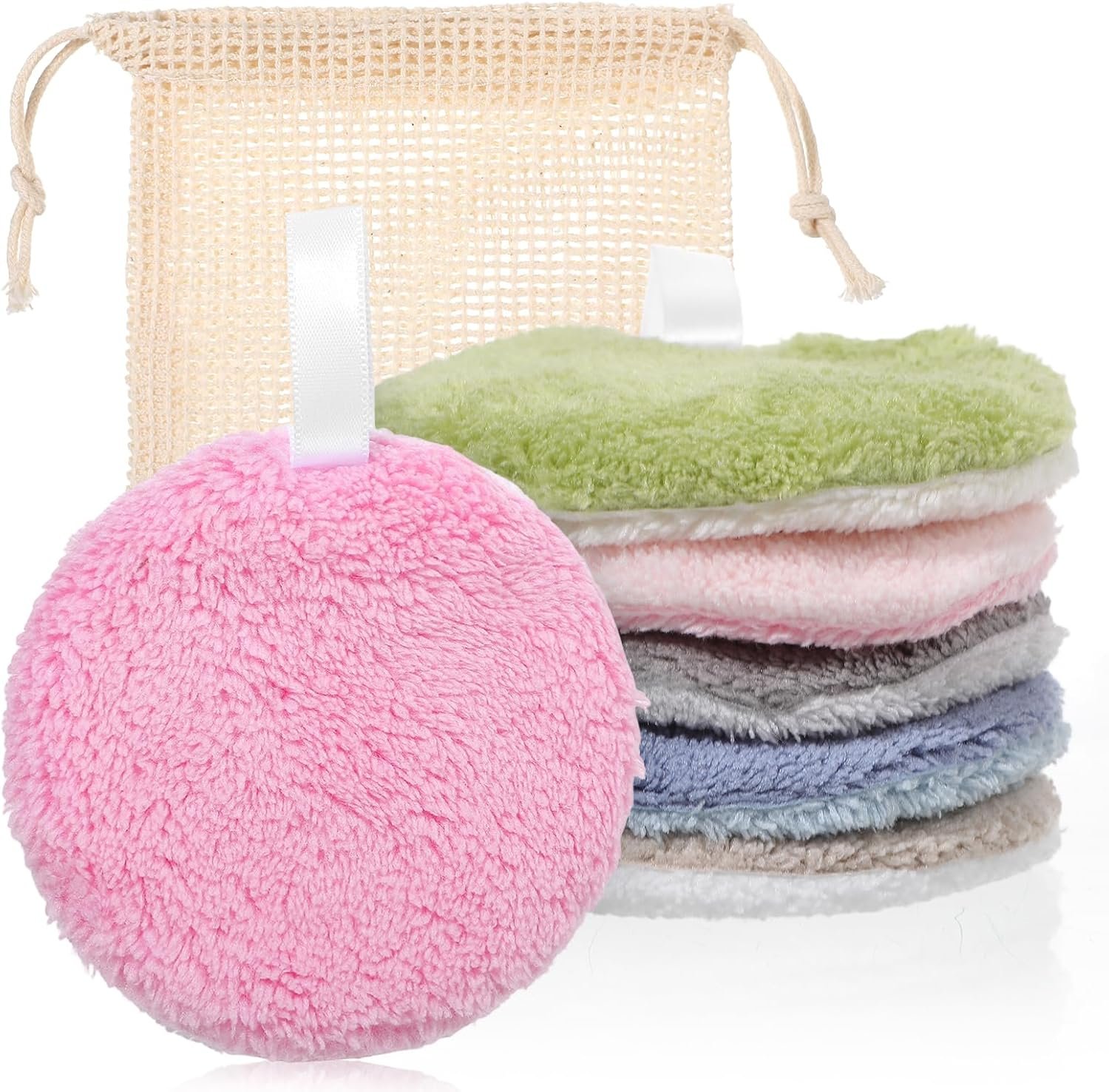 6 Pcs Reusable Makeup Remover Pads, 6 Colors Soft Coral Fleece Facial Cleansing Rounds with Mesh Bag for Face