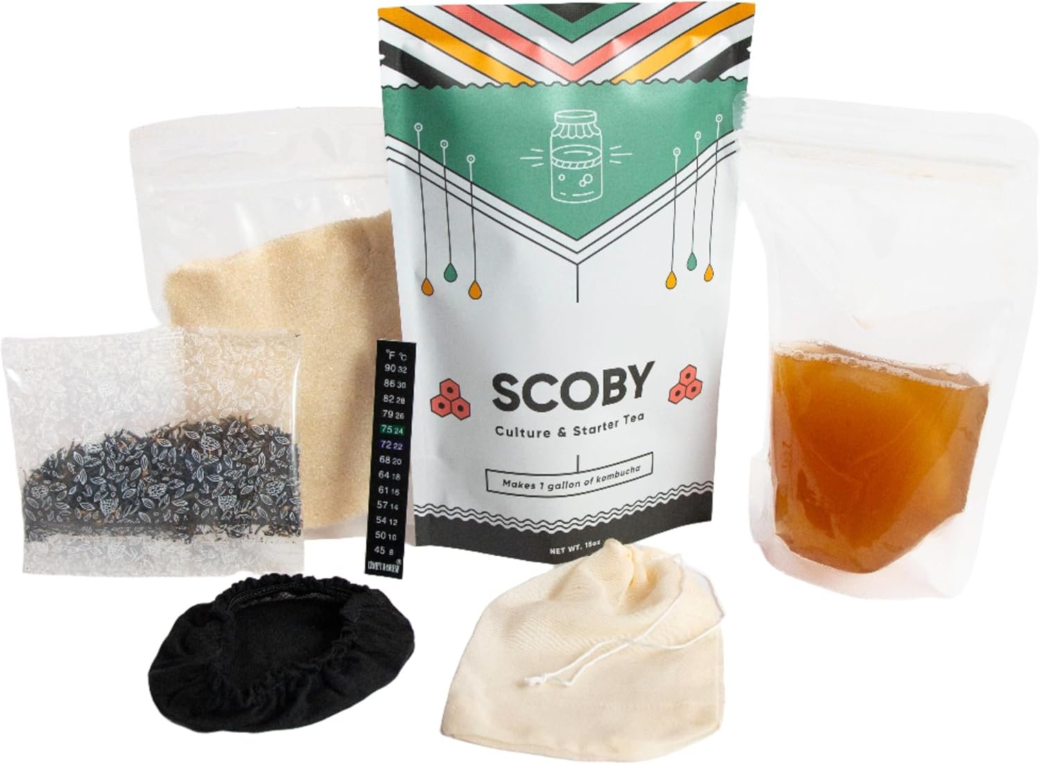 Craft A Brew Kombucha Bundle – Includes SCOBY, Elastic Jar Cover, Fermometer & Recipe Kit – Easy For Beginners – Fermentation & Homebrew – Makes 1 Gallon Batch
