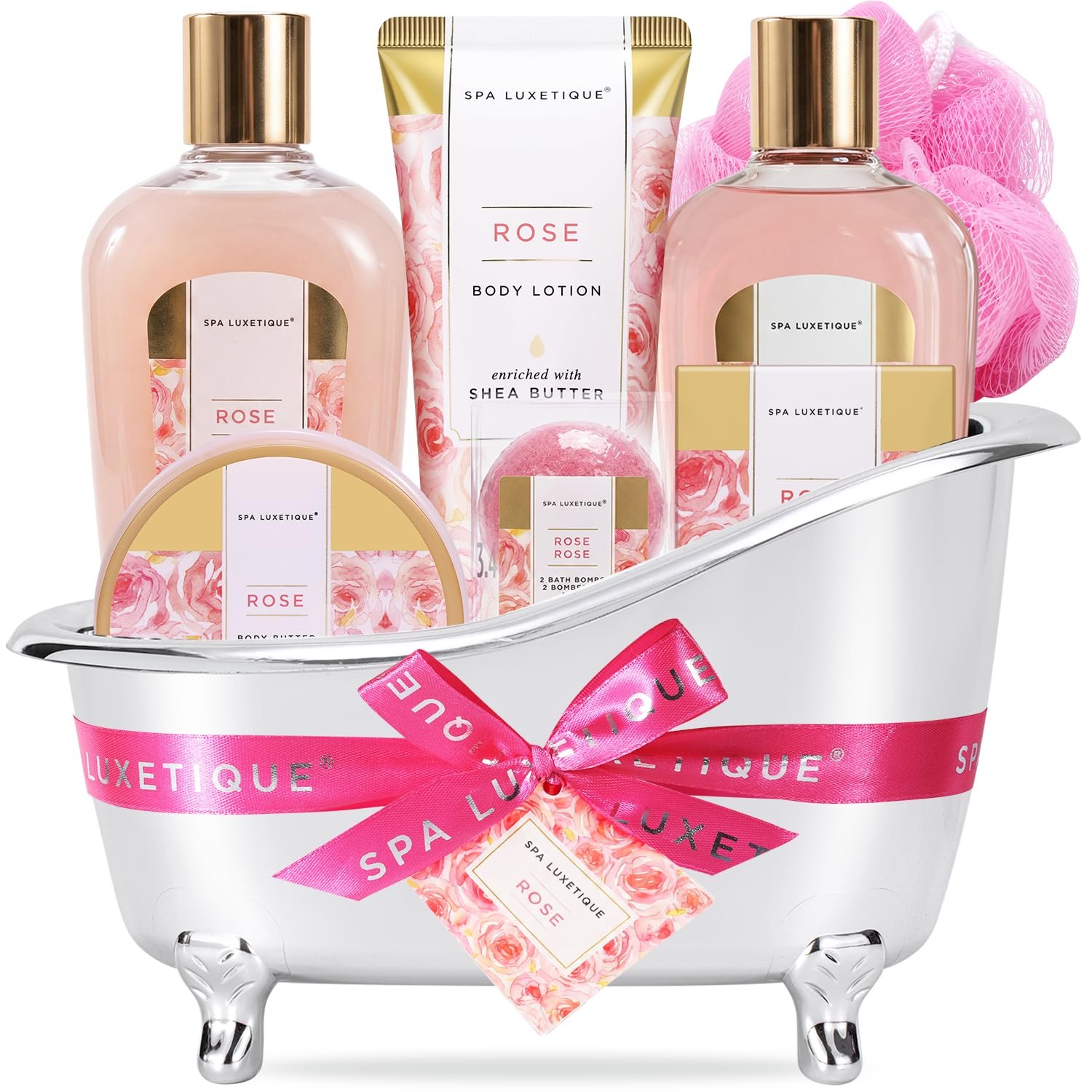 spa luxetique Gift Set For Women, Bath Sets for Women Gift, 8 Pcs Rose Spa Basket Includes Bubble Bath, Shower Gel, Body Lotion, Mom Birthday Gifts, Mother‘s Day Gifts for Her