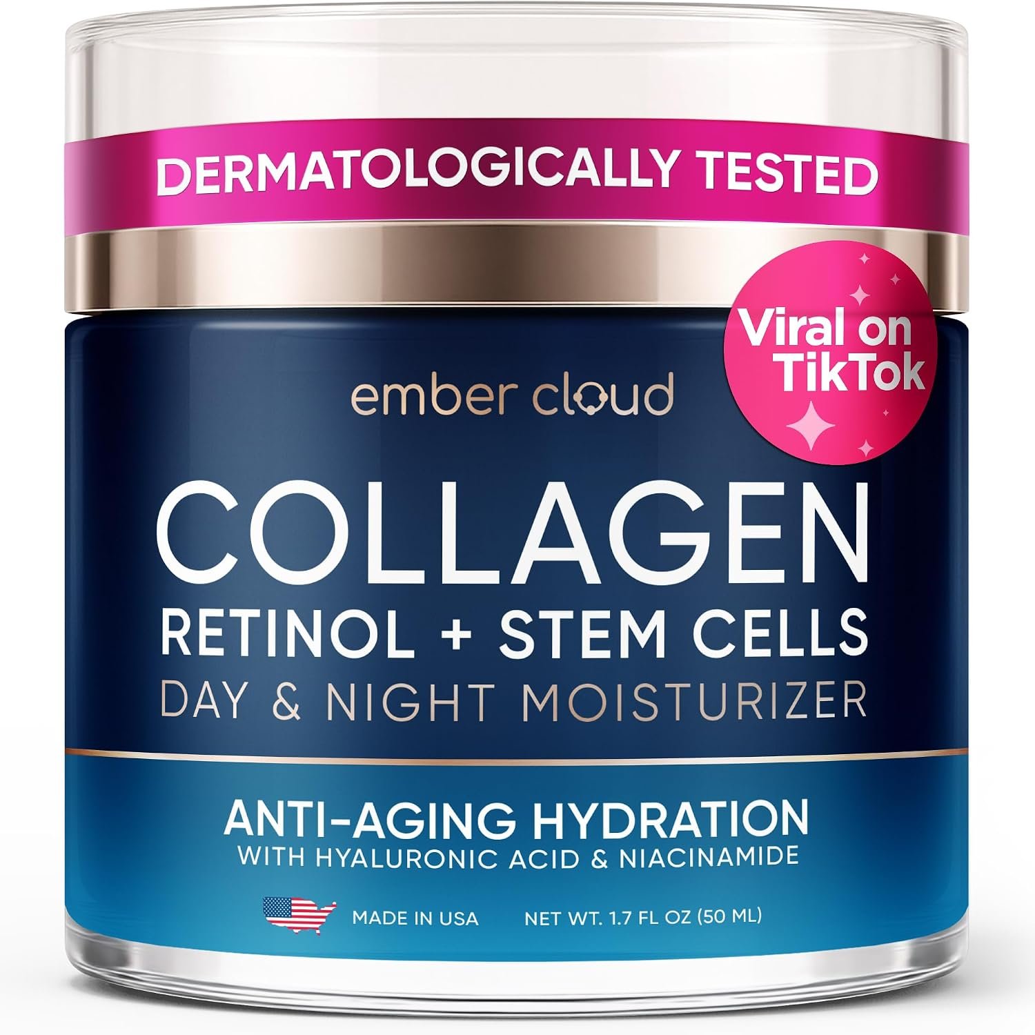 Moisturizer Collagen Anti-Aging Face Cream with Stem Cells, Retinol, Hyaluronic Acid & Niacinamide – Hydrating Day & Night Wrinkle Cream for All Skin Types – Airless Pump – Made in USA – 1.7Oz