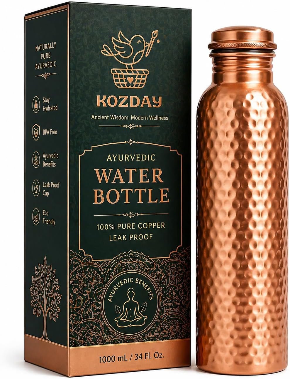 Copper Water Bottle 1 Liter (34 oz), 100% Pure Copper, Ayurvedic Drinking Bottle, Hammered Design, Leak Proof Cap, BPA Free, Health & Wellness Bottle