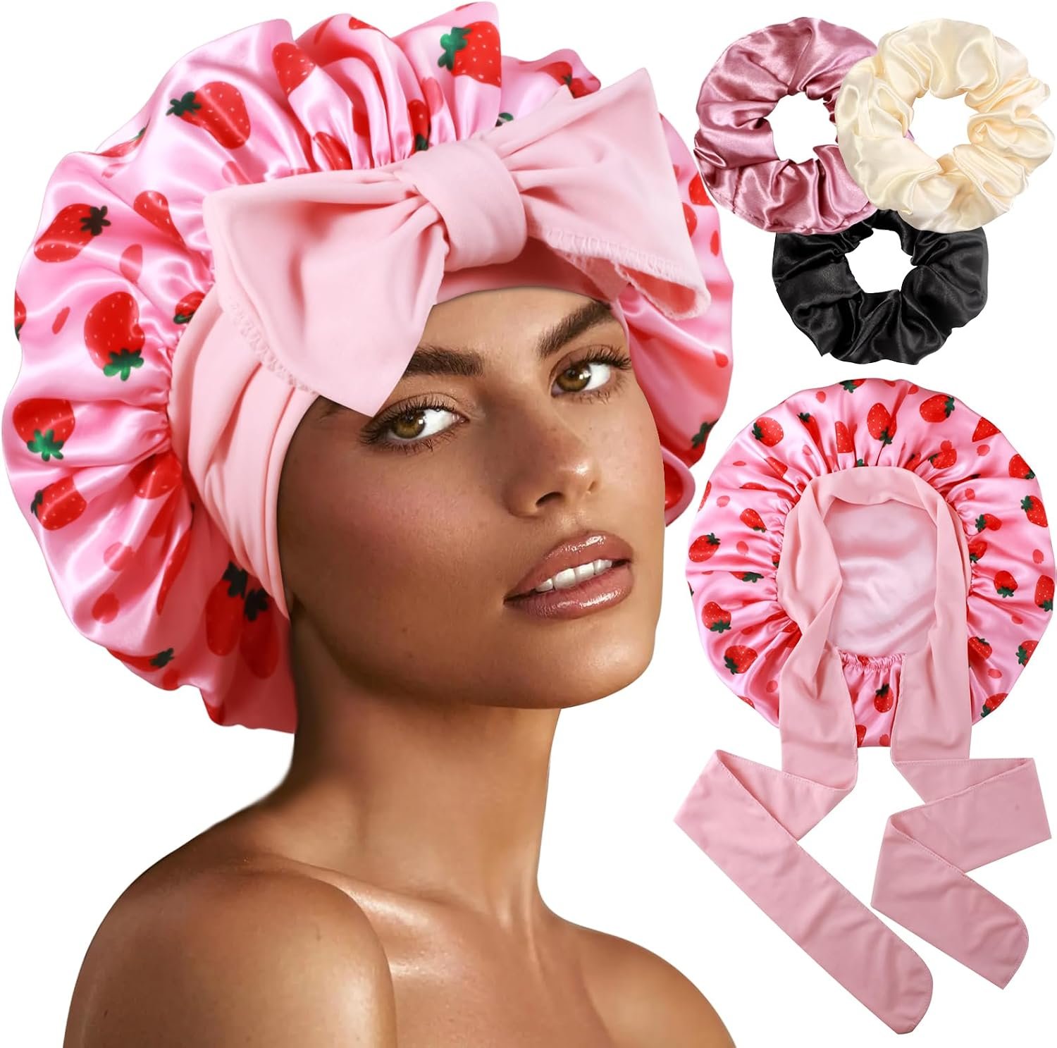 1+3 Large Satin Bonnets with Scrunchies for Women, Double Layer Hair Bonnet Tie Bonnet for Sleeping Braids Curly Hair