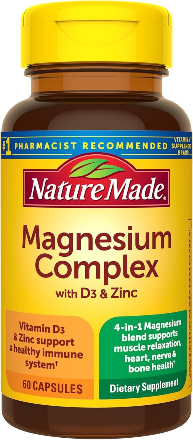 Nature Made Magnesium Complex Supplement with Vitamin D & Zinc for Immune Support, Magnesium Glycinate, Malate, Citrate & Oxide for Muscle, Nerve, Heart & Bone Support, 60 Capsules, 30 Day Supply