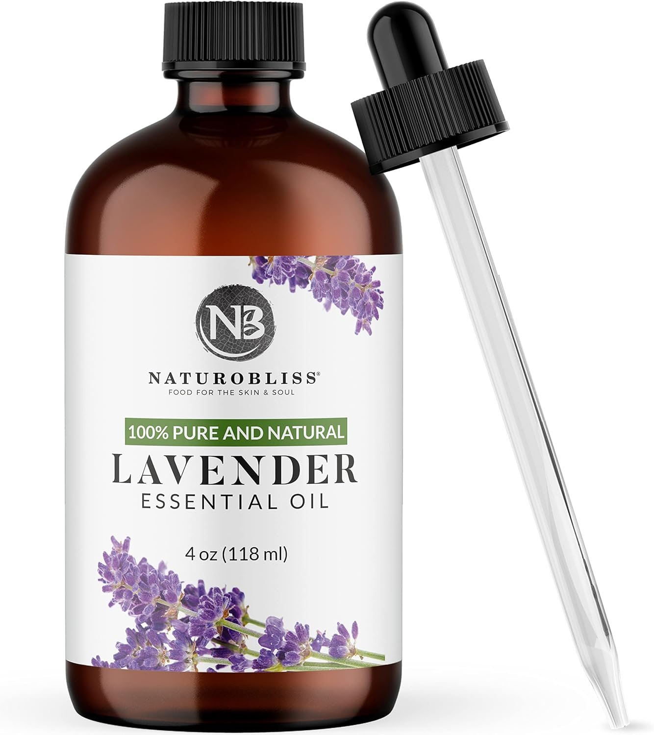 NaturoBliss Lavender Essential Oil with Glass Dropper – 100% Pure and Natural – Essential Oils for Diffuser, Aromatherapy, Soap and Candle Making, Lavender Essential Oil Pure, Lavender Oil, 4 Fl Oz