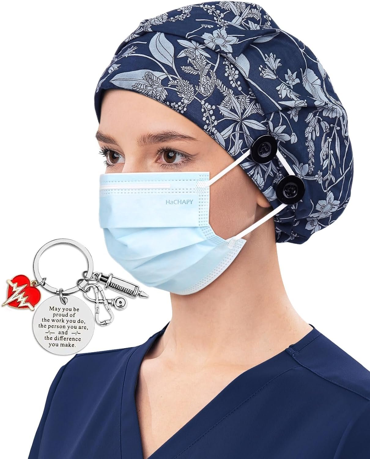 Satin Lined Bouffant Scrub Nurse Cap with 4 Buttons and Sweatband Adjustable