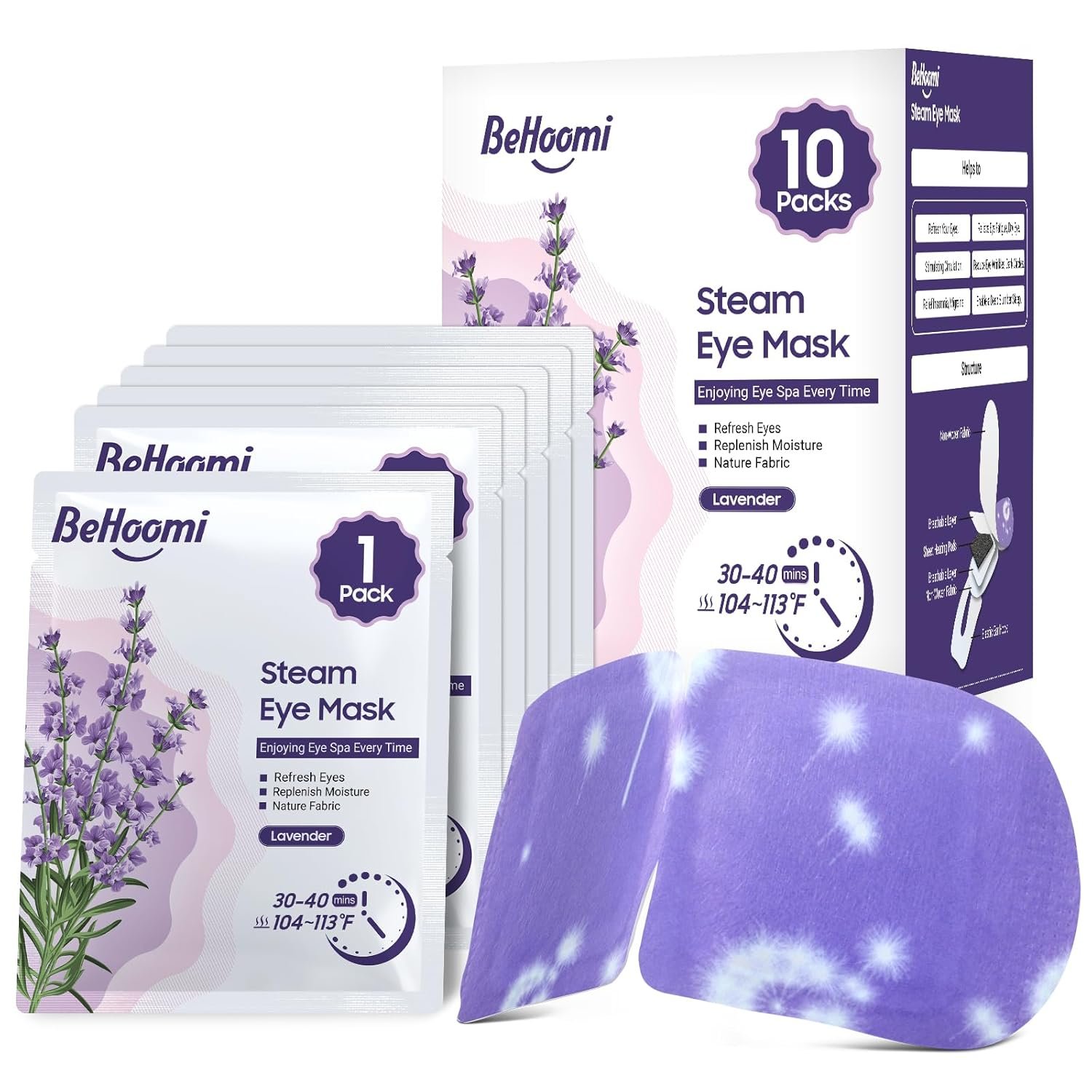 BeHoomi Steam Eye Mask, 10Packs Heated Eye Mask, Self Heating Disposable SPA Warm Compress for Eyes Sleep Mask, Travel Essentials & Relaxation Gifts for Women (Lavender Scent)