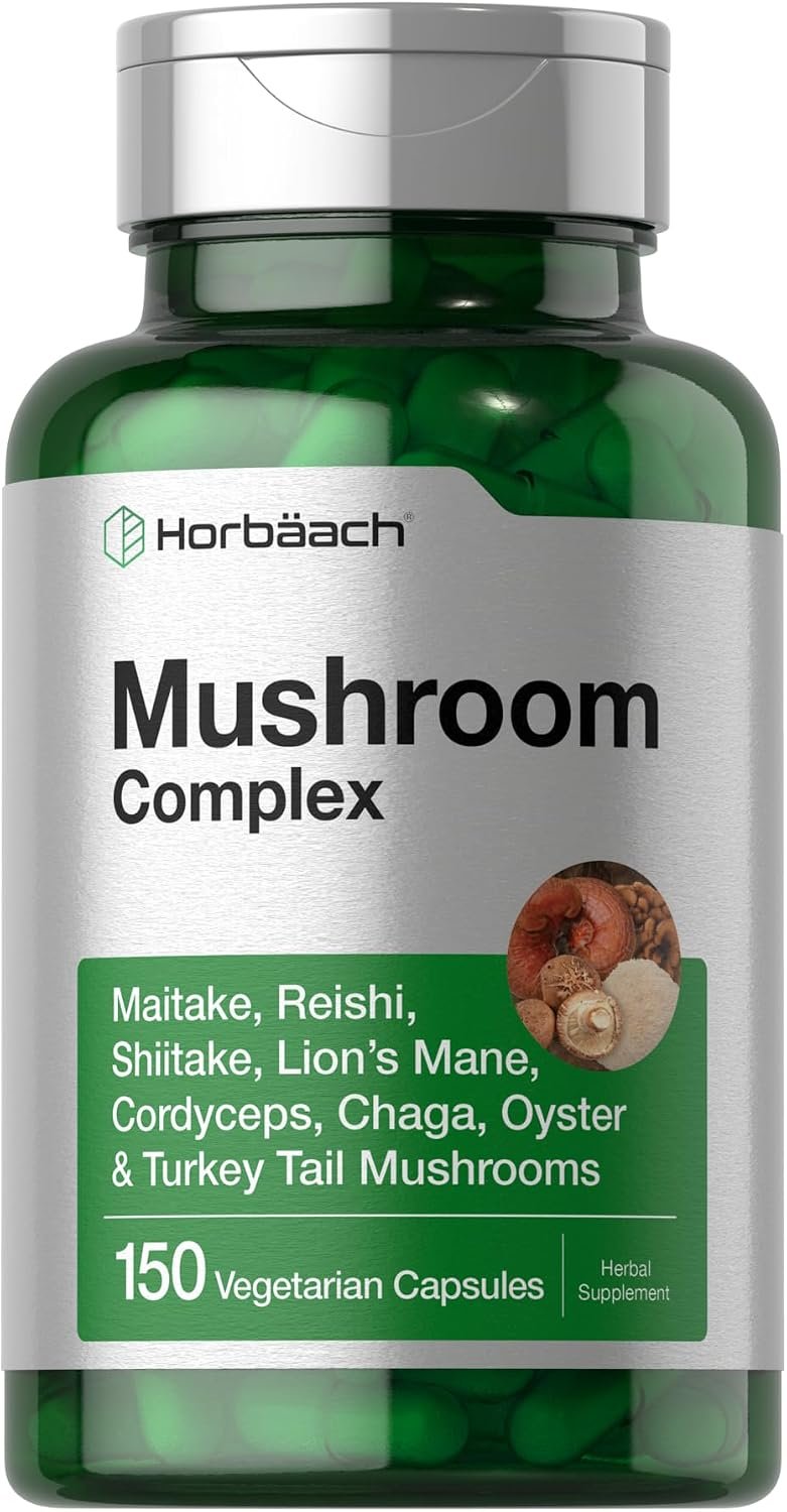 Horbäach Mushroom Complex Capsules | 150 Count | Reishi, Chaga, Lions Mane, Cordyceps, Maitake, Shiitake, Oyster and Turkey | Non-GMO & Gluten Free Supplement