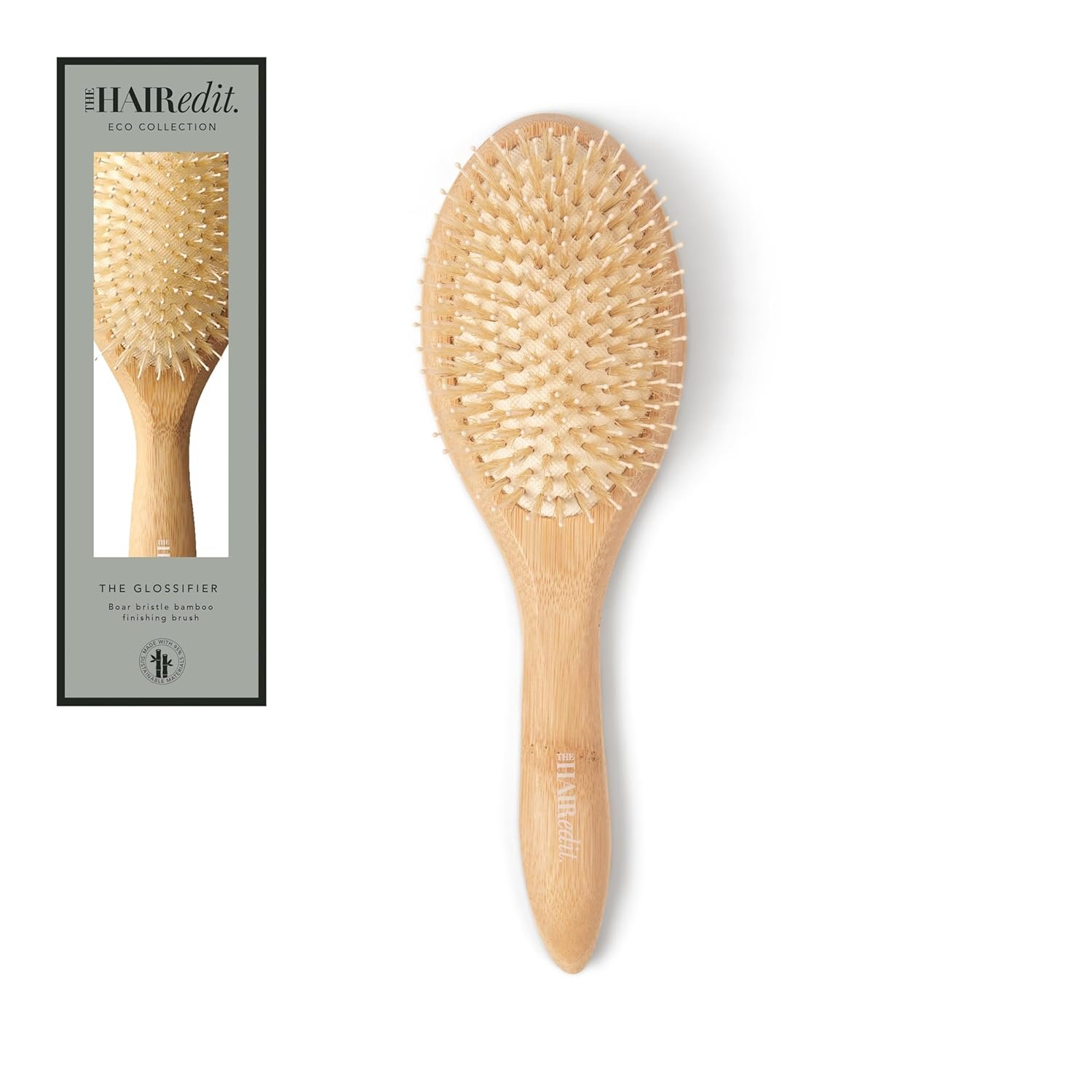The Hair Edit Glossifier Boar Bristle Bamboo Brush, Hairbrush for Women, Bamboo Finishing Brush for Smooth Shine & Taming Flyaways, Distributes Natural Oils, Lightweight Eco-Friendly, All Hair Types