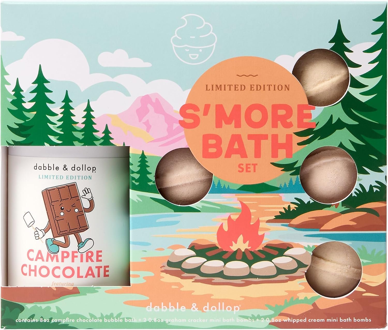 Dabble & Dollop S’Mores Bath Set – Kids Bath Bombs Gift Set with Tear-Free Chocolate 3-in-1 Shampoo, Body Wash & Bubble Bath + Marshmallow & Graham Bath Bombs – Gentle for Sensitive Skin (5-Piece)