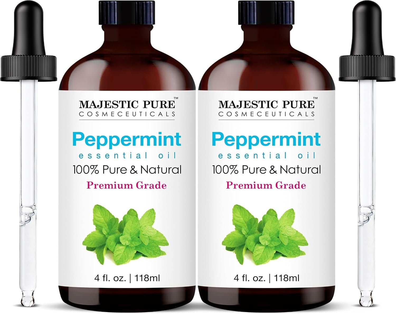 Majestic Pure Essential Oil with Glass Dropper – 100% Pure and Natural – Essential Oils for Diffuser, Aromatherapy, Soap and Candle Making, Peppermint Essential Oil, Peppermint Oil, 4 Fl Oz Pack of 2