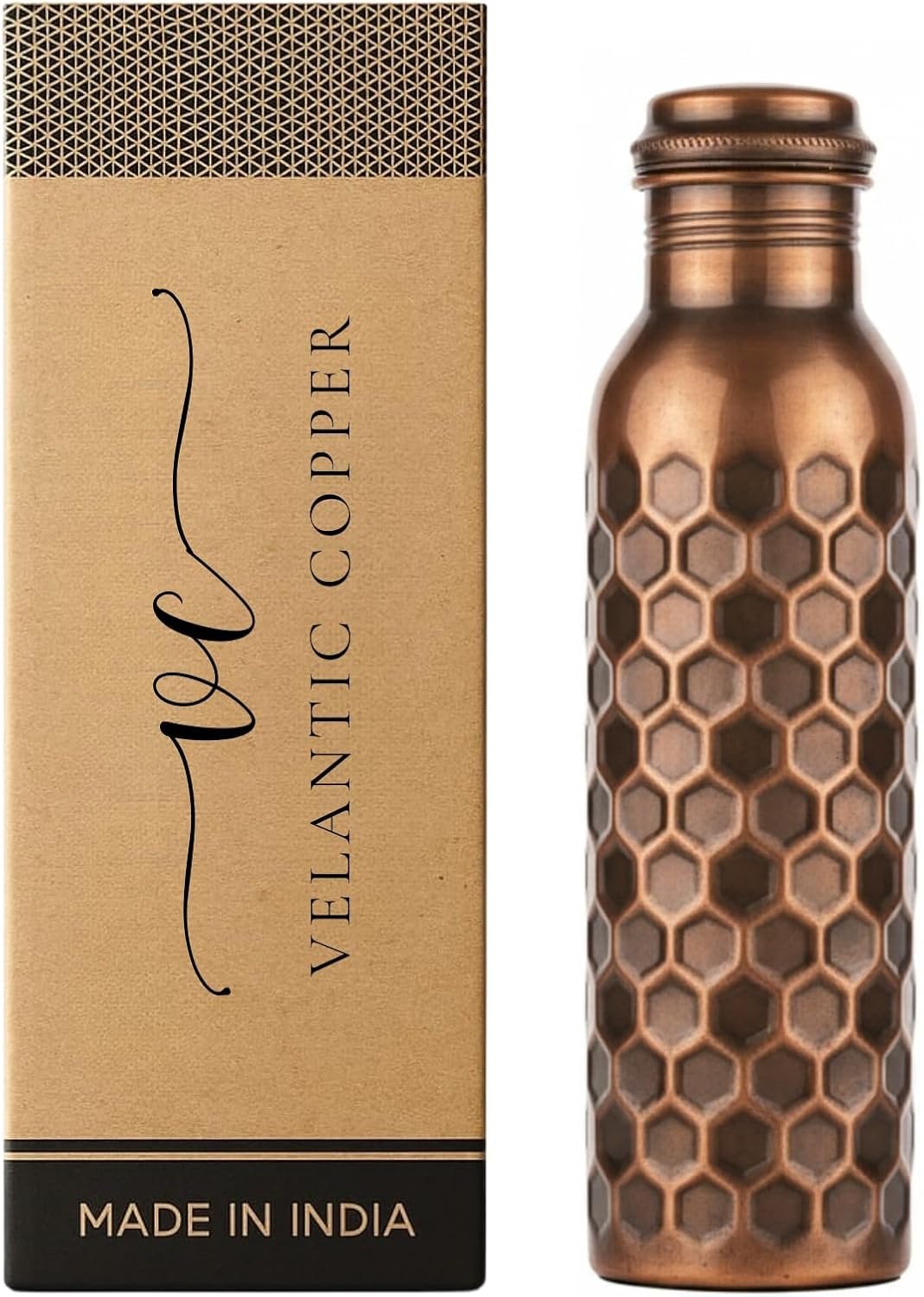 Copper Water Bottle, Handcrafted, 32 oz, Antique Finish | Eco-Friendly, Leak-proof, Jointless, BPA-Free, Ayurvedic, Handcrafted