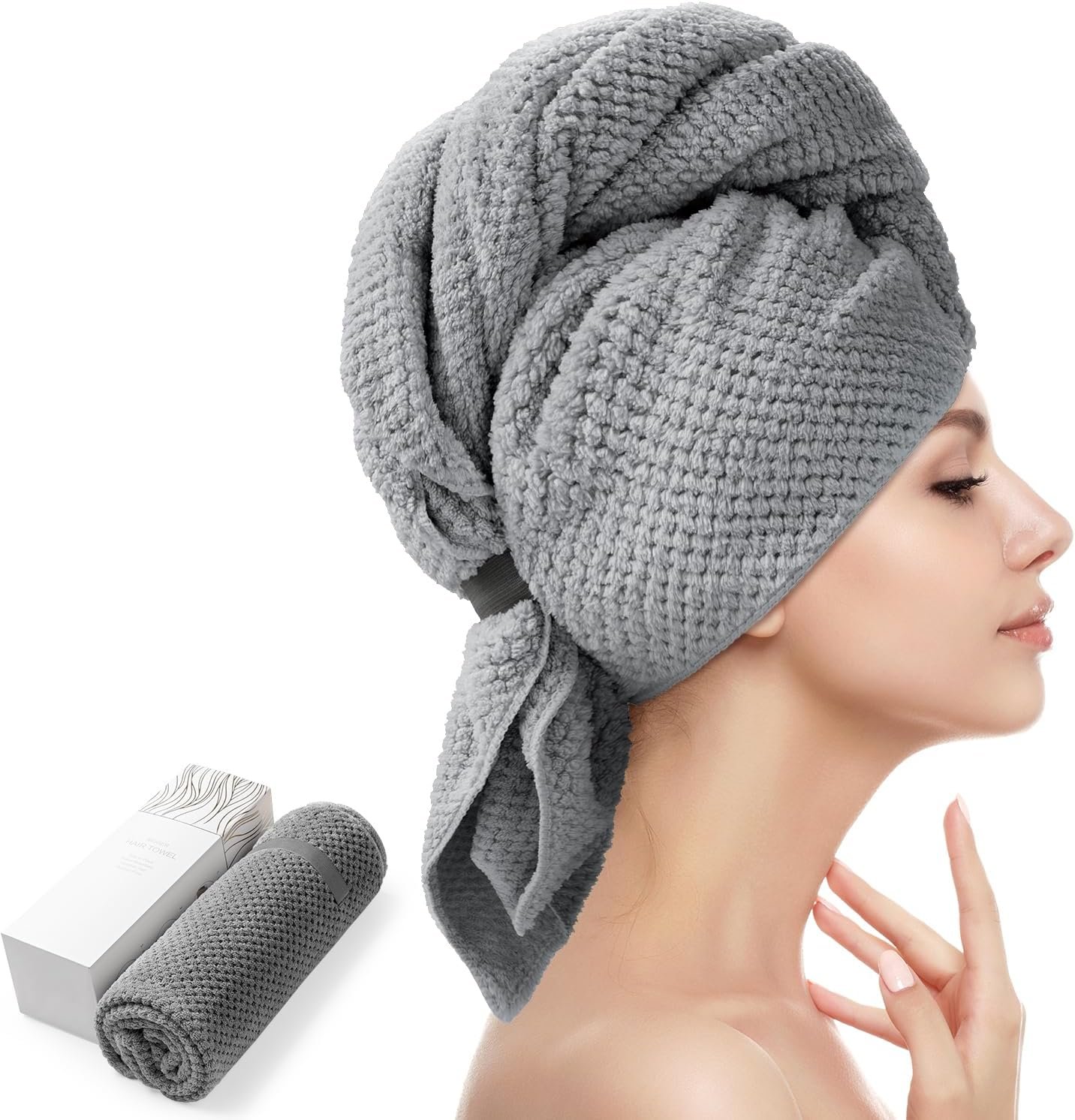YFONG Large Hair Towel Wrap for Women, Super Absorbent Microfiber Hair Towel for Curly Hair, Fast Drying Hair Turbans with Elastic,Hair Drying Towel Wrap for Hair Care 26.3″ X 40″ (Dark Gray)