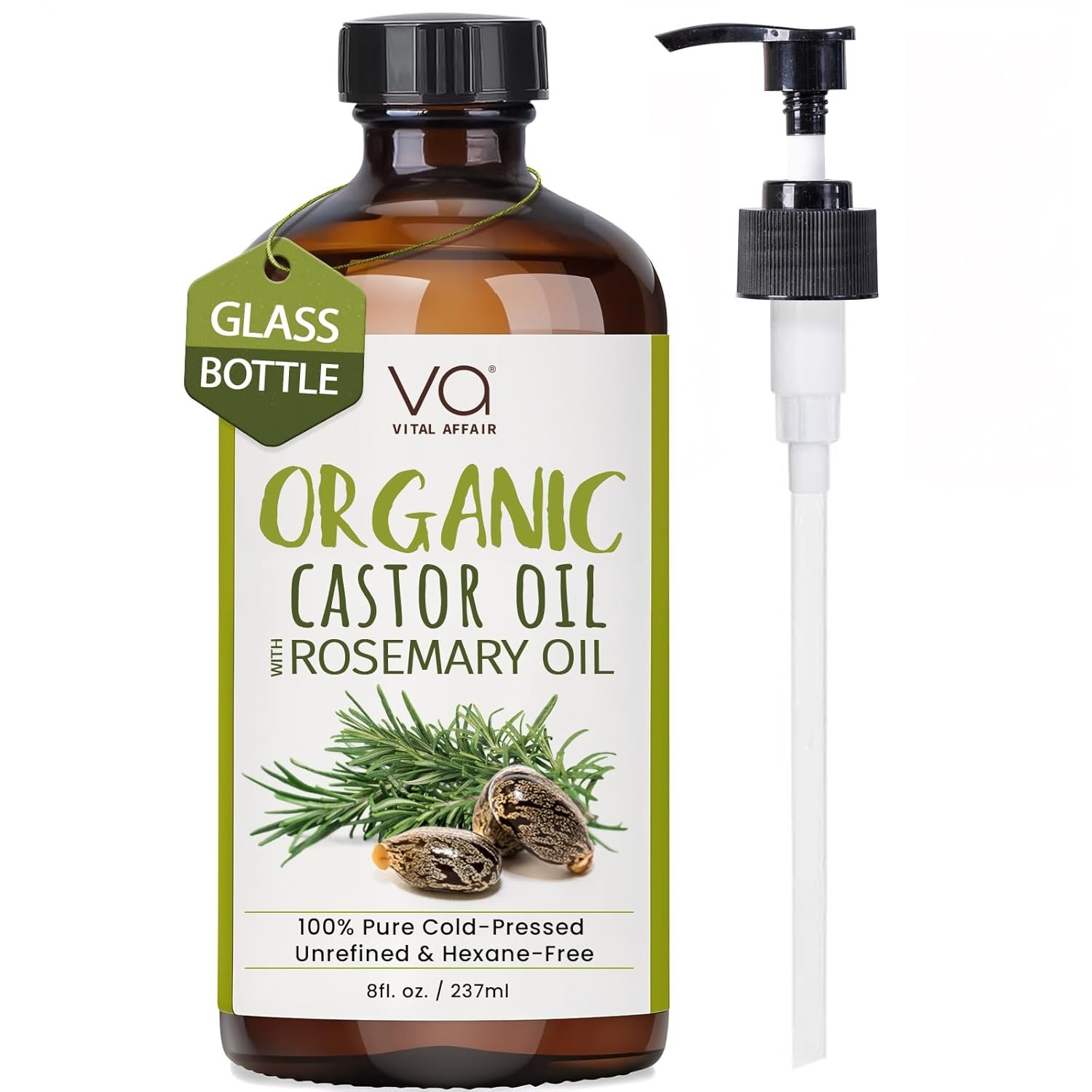 VITAL AFFAIR Organic Castor Oil With Rosemary Oil For Hair Growth – 100% Pure Rosemary Hair Oil With Pure Castor Oil Cold Pressed Unrefined Glass Bottle – Strengthening & Volumizing 8 Fl Oz