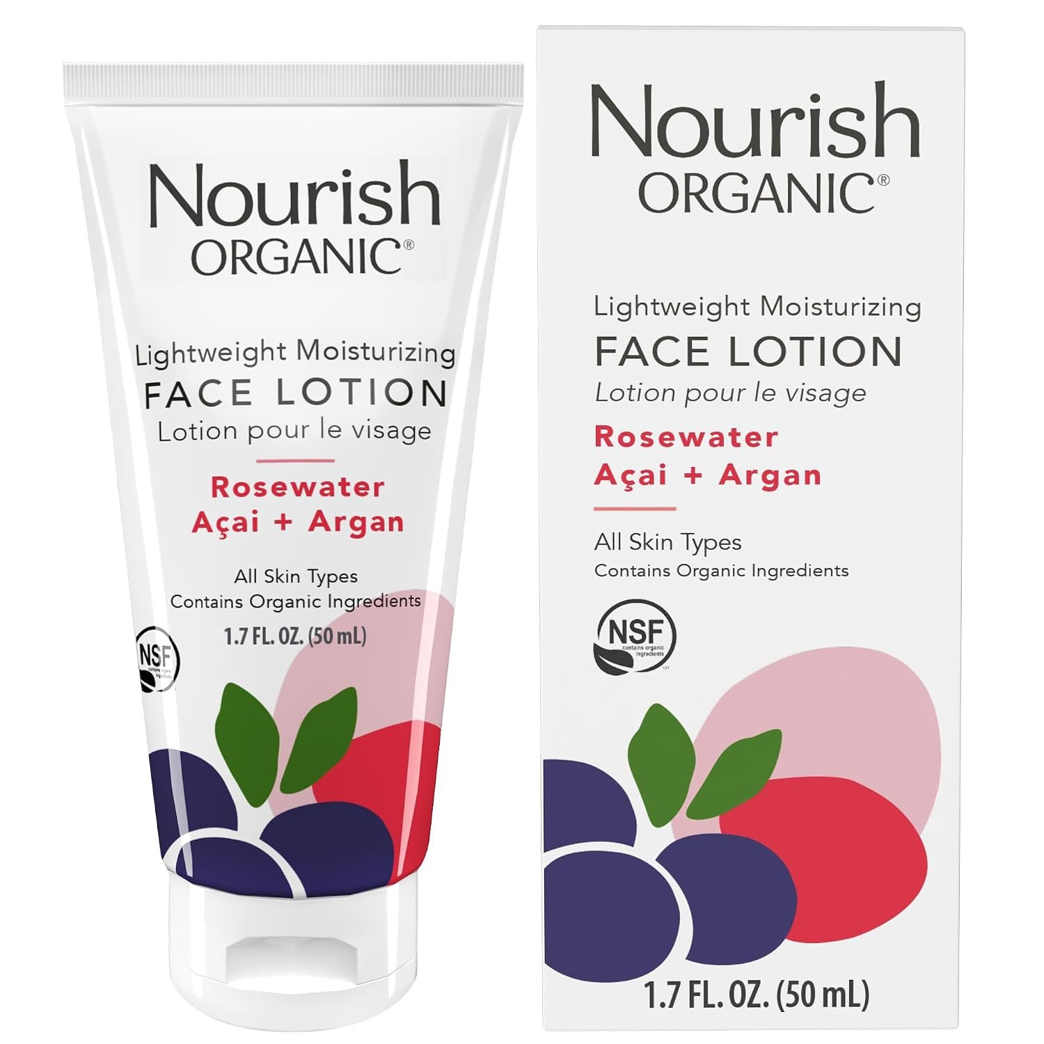Nourish Organic | Lightweight Moisturizing Face Lotion – Rosewater & Argan | GMO-Free, Cruelty Free, 100% Vegan (1.7 Fl Oz)