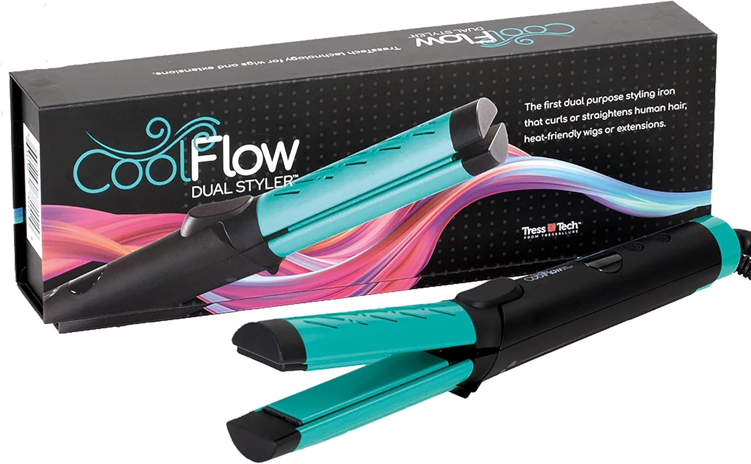 TressTech Cool Flow Dual Styler, 2-in-1 Curling & Flat Iron with Patented Cooling Technology, Safe for Human Hair, Heat-Friendly Synthetic Wigs & Color-Treated Hair