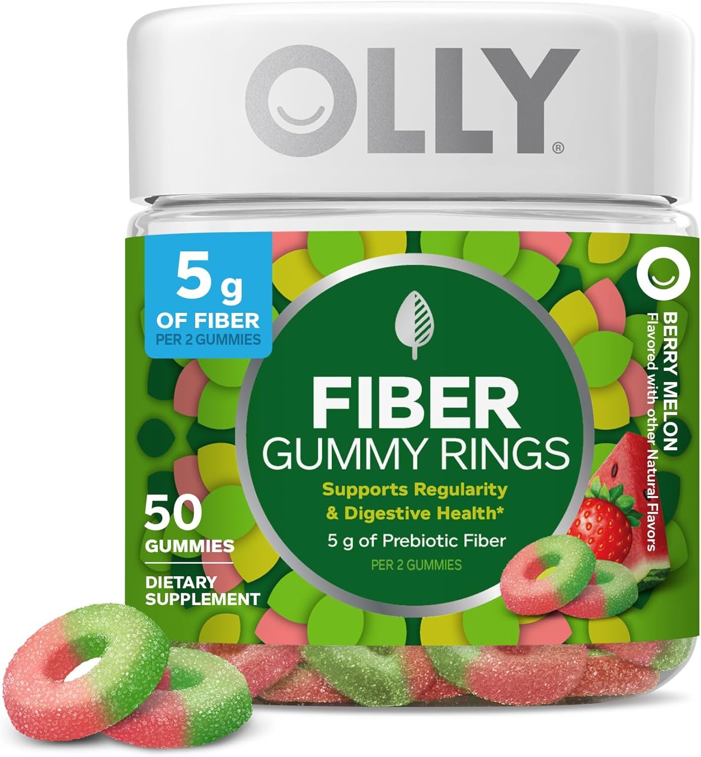 Olly, Fiber Gummy Rings, 5g Fos Prebiotic Fiber, Digestive Health Supplement,* Strawberry Watermelon Flavored, 25 Day Supply, 50 Count