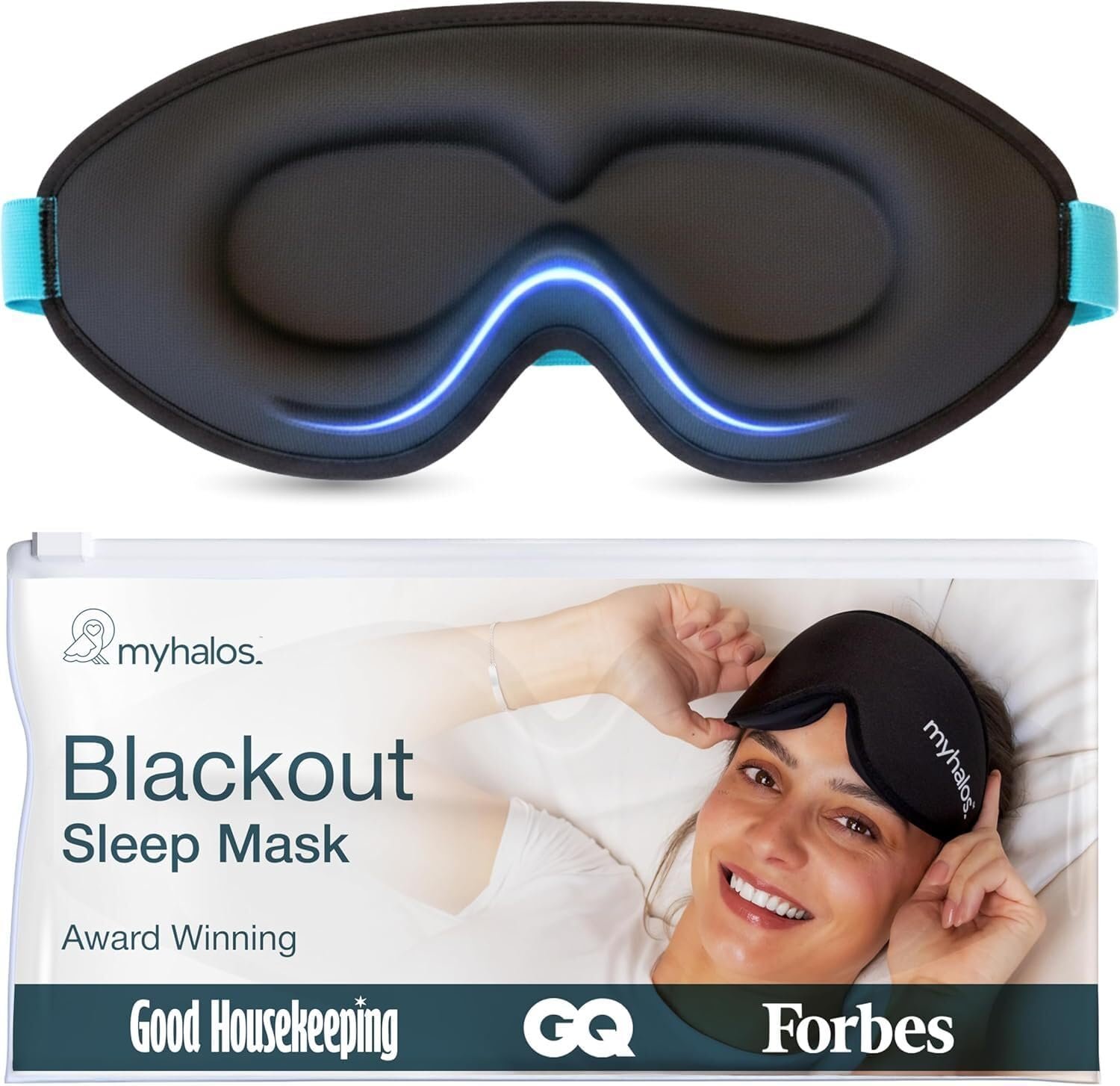 MyHalos® Sleep Mask – 3D Blackout Eye Mask for Women & Men, Side Sleepers, Zero Pressure Memory Foam Eyelash Friendly, Breathable,Award-Winning Sleep Aid for Travel (Black, 1 Count (Pack of 1)