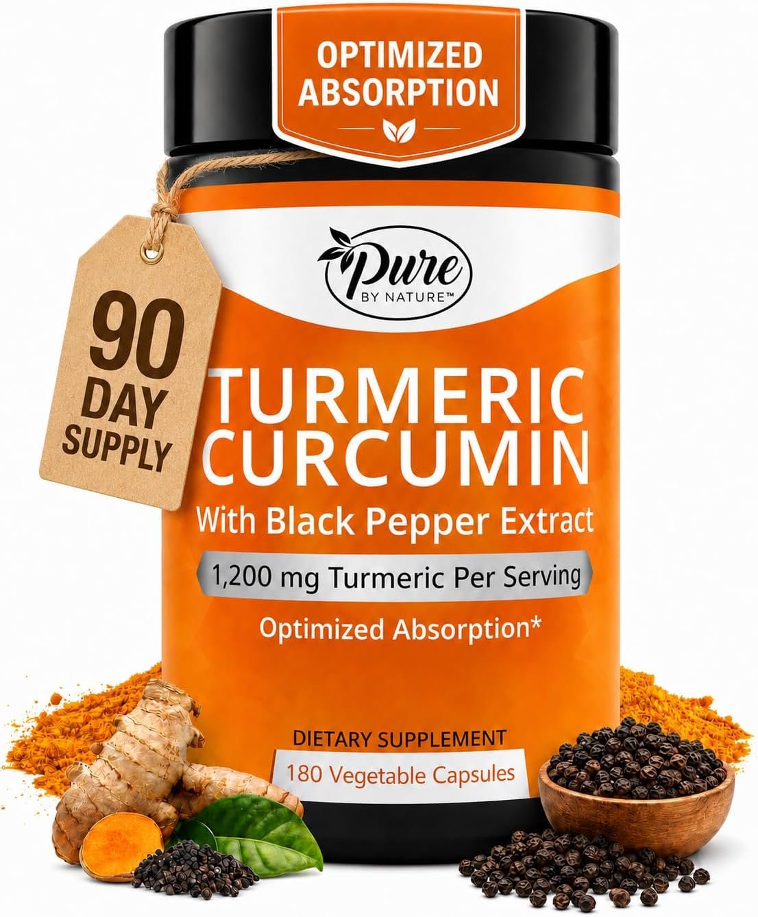 Pure By Nature Turmeric with Black Pepper Extract (90 Day Supply) 95% Curcuminoids, 1200 mg per Serving, Turmeric Curcumin Supplement Organic, High Absorption Antioxidant Support (180 Count)