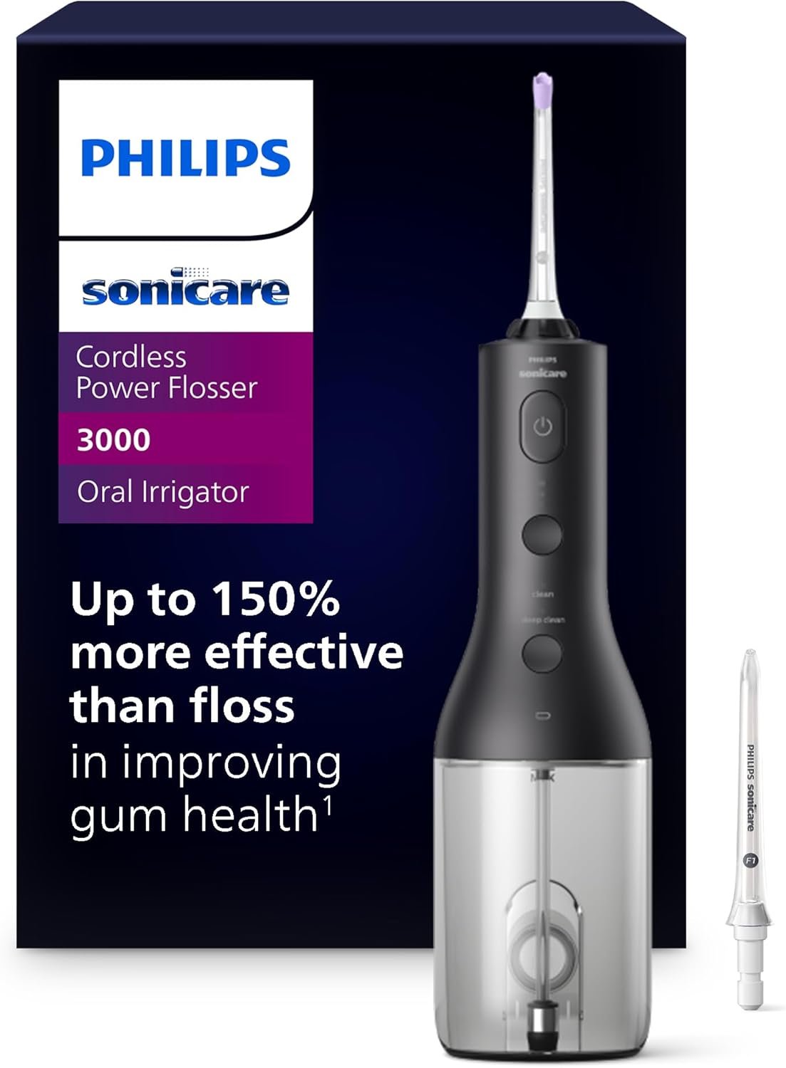Philips Sonicare Cordless Power Flosser 3000 – Water Flosser with Innovative Quad Stream Technology, Oral Irrigator with 2 Flossing Modes and 3 Pressure Levels, IPX7 Waterproof, Black, HX3826/23