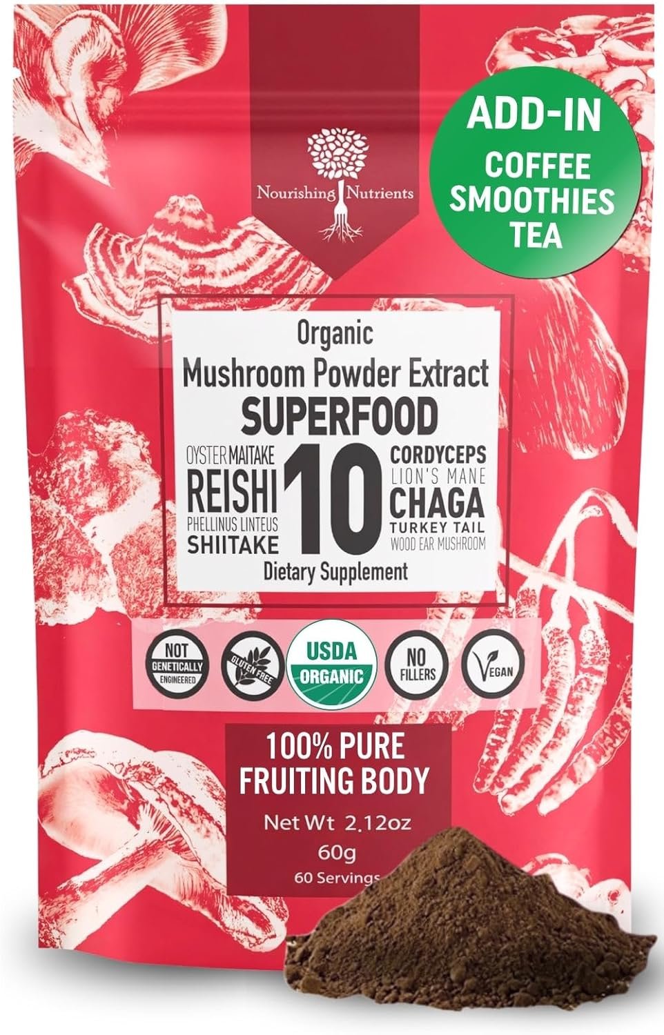 USDA Organic 10 Mushroom Supplement Powder, Focus & Immune Support | 100% Fruiting Body, Lions Mane, Cordyceps, Reishi Mushroom, Chaga, Turkey Tail, Mushroom Coffee addin -NO Grain Filler 60 servings