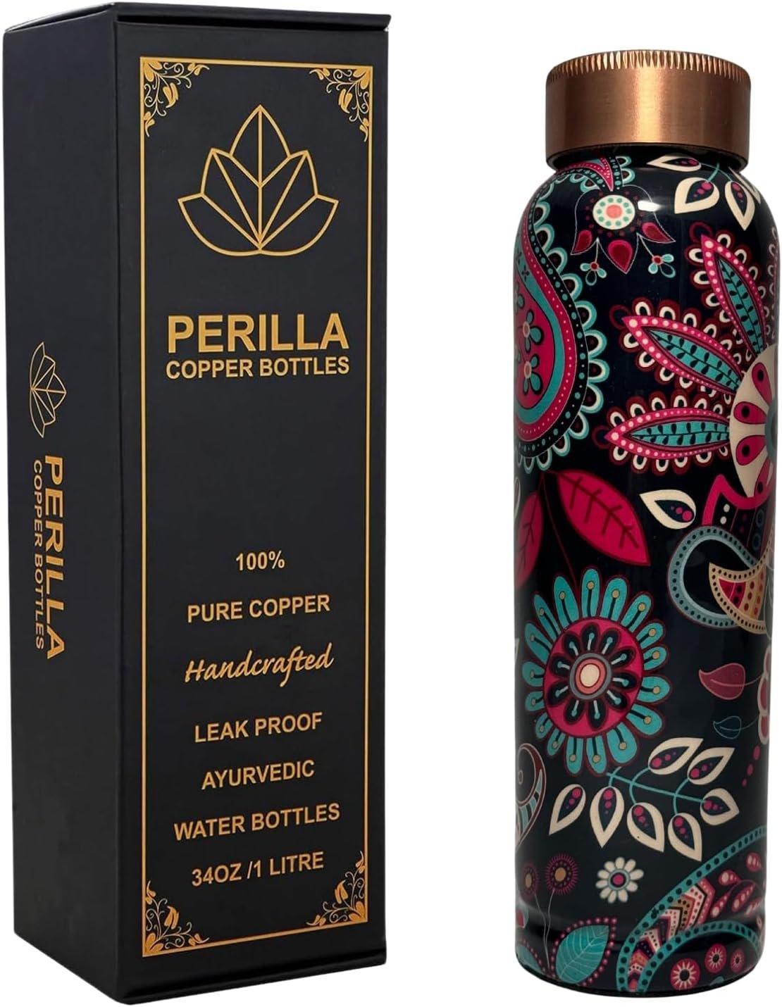 Perilla Home Printed Pure Copper Water Bottle 34 Oz Leak Proof 100% Pure Ayurvedic Copper Vessel with Lid – Drink More Water and Enjoy Health Benefits Yoga – For Gym Yoga Bottle (Printed Design 1)