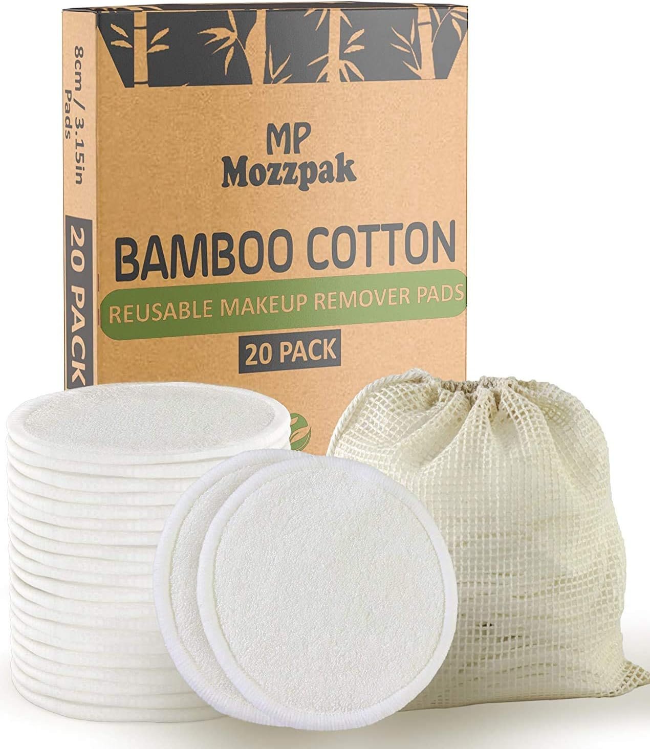 MP MOZZPAK (20 Pack) Reusable Makeup Remover Pads | Bamboo Cotton Rounds for Toner with Laundry Bag | Washable, Eco-Friendly Face Cleansing Wipes and Organic Pad for All Skin Types