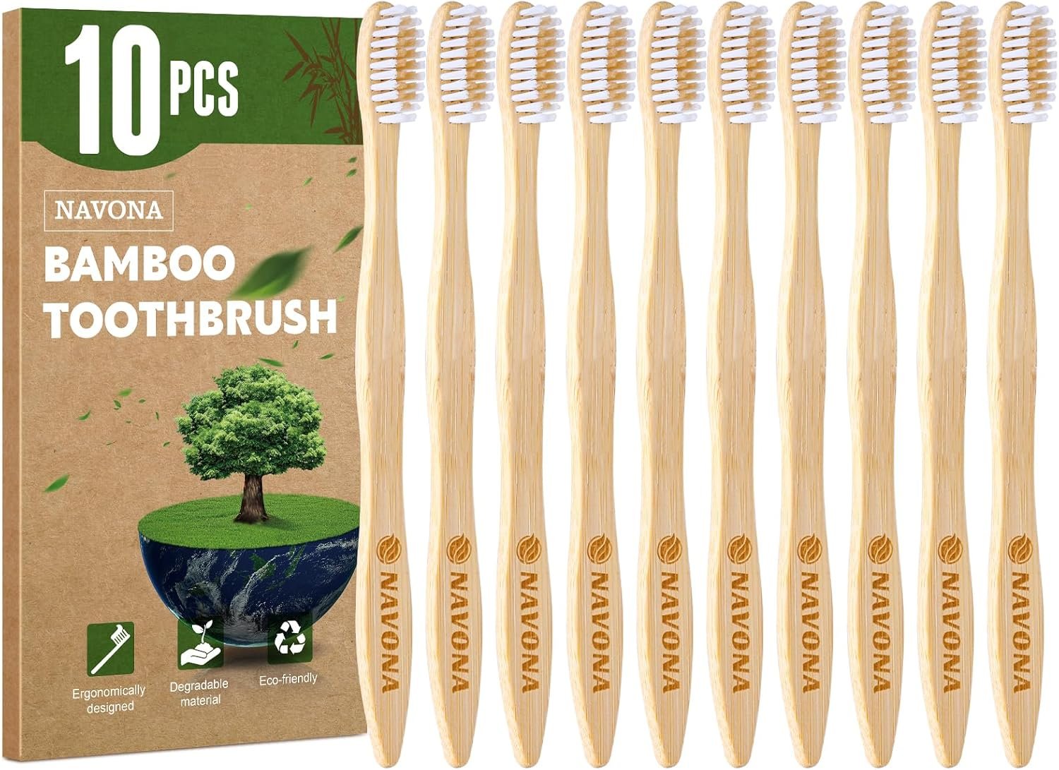 Navona 10 PCS Bamboo Toothbrushes Pack, BPA Free Medium Soft Bristles Toothbrushes for Adults, Eco-Friendly Natural Wooden Toothbrush Bulk, Box of Two Reusable Travel Toothbrush