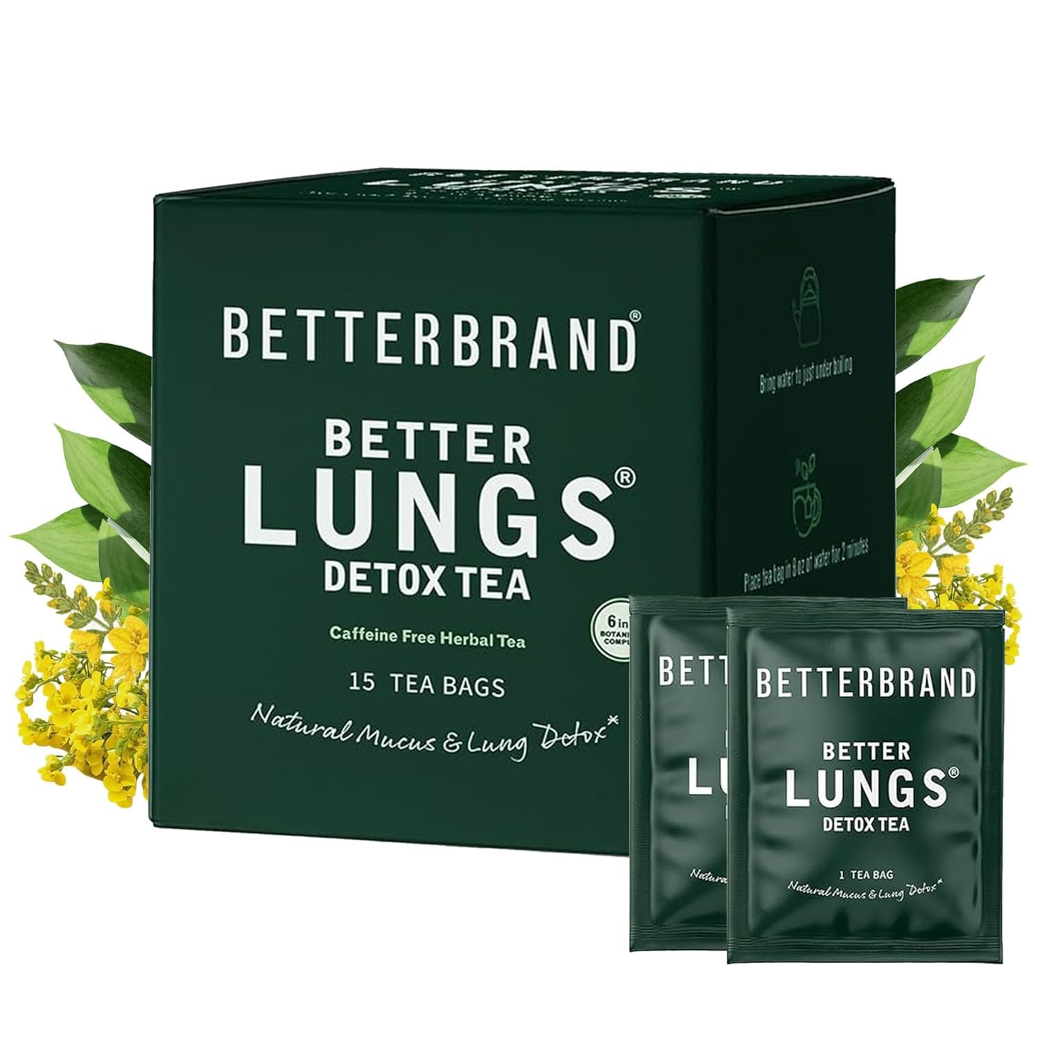Betterbrand Mullein Tea Bags for Lung Detox – Respiratory Support with Thyme, Elderberry, Ginseng, Ginger, Caffeine Free Herbal Blend – 15 Tea Bags (Pack of 1)