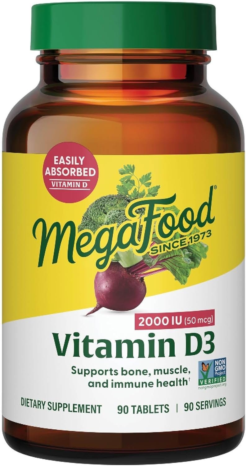 MegaFood Vitamin D3 2000 IU (50 mcg) – Vitamin D Supplements With Real Food, Immune Support, Supports Bones, Teeth & Muscles, Vegetarian, Certified Non-GMO, Kosher – 90 Tablets, 90 Servings