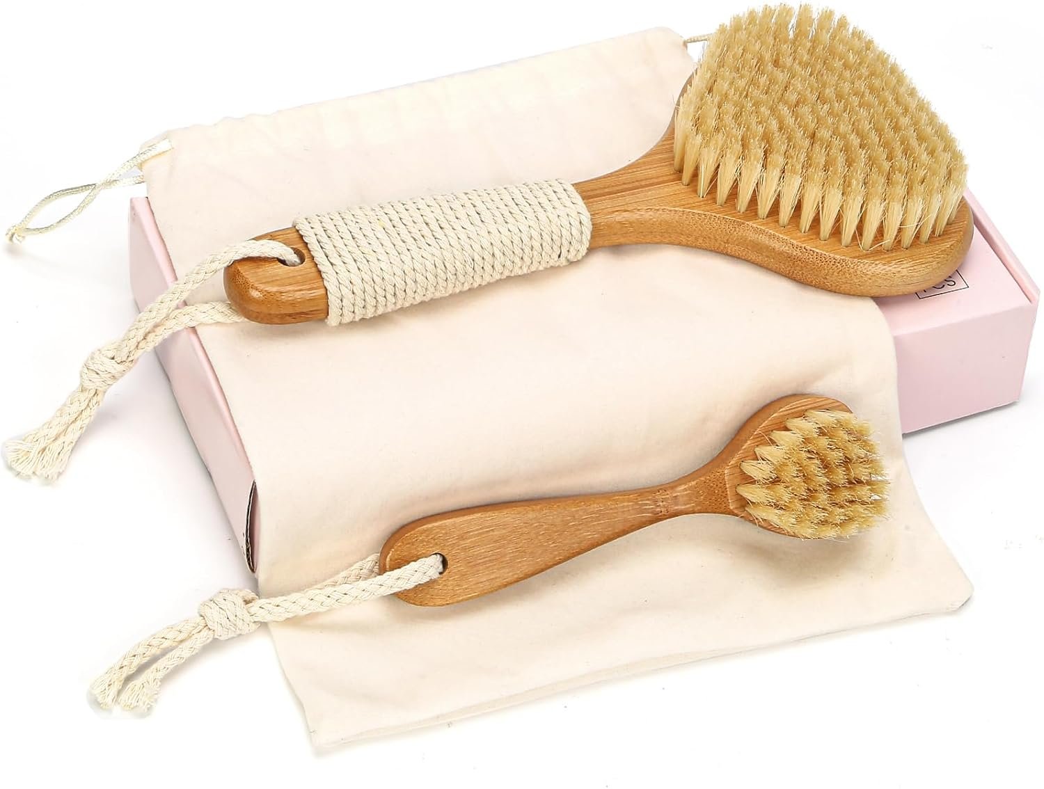 eaxun Bamboo Dry Brushing Set with Body and Face Brush, Dry Scrub Brush with Exfoliating Natural Boar Bristle for Lymphatic Drainage, Cellulite Reduction, Blood Circulation and Glowing Skin, 2 Pack