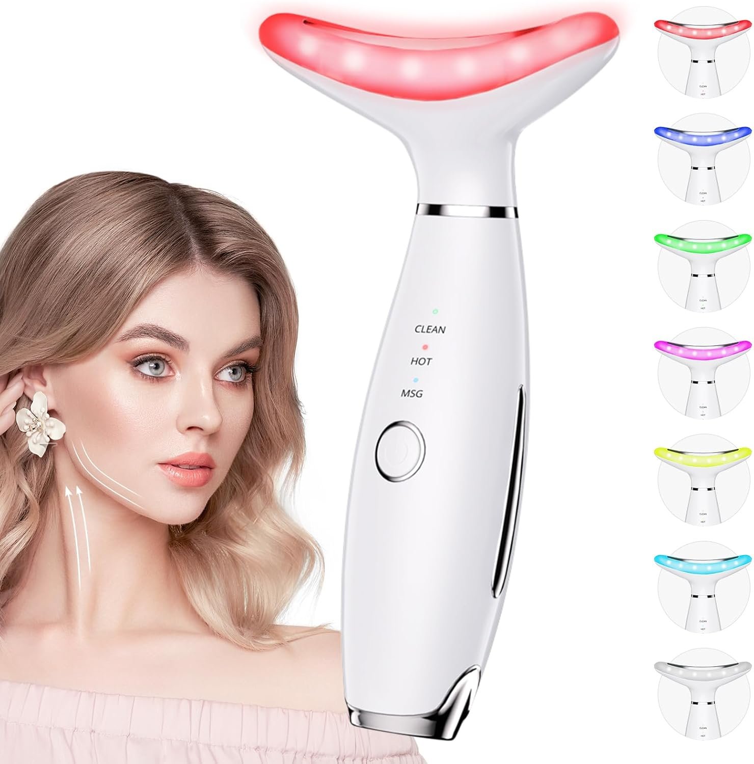 Dopsikn 7 Color Galvanic Machines – Red Light Therapy for Face and Neck, Face Massager Tool for Wrinkles, Double Chin, Vibrating Facial Massager with Thermals, White