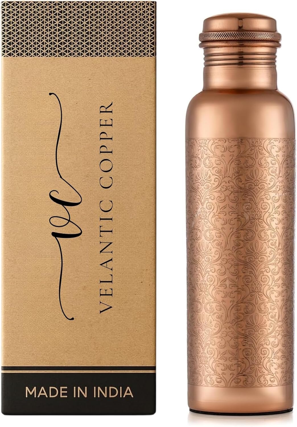 Pure Copper Water Bottle, Handcrafted, 32 oz, Glossy Finish | Eco-Friendly, Leak-proof, Jointless, BPA-Free, Ayurvedic, Handcrafted