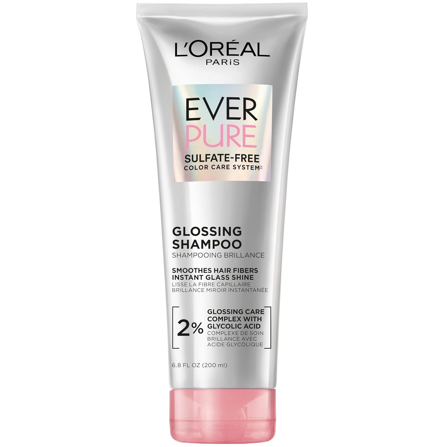 L’Oreal Paris Sulfate Free Glossing Shampoo with Glycolic Acid, Provides Intense Glass Hair Shine, Smoothness & Soft Feel, Suitable for Dull, Dry, and Color-Treated Hair, EverPure, 6.8 Fl Oz