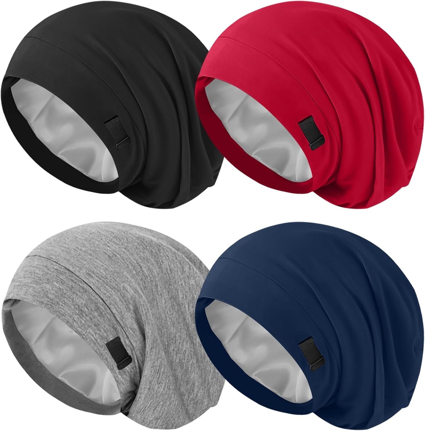 ZHENSILK 4Pcs Silk Satin Bonnets for Women Men, Adjustable Hair Wrap Slouchy Beanie Hat for Curly Hair
