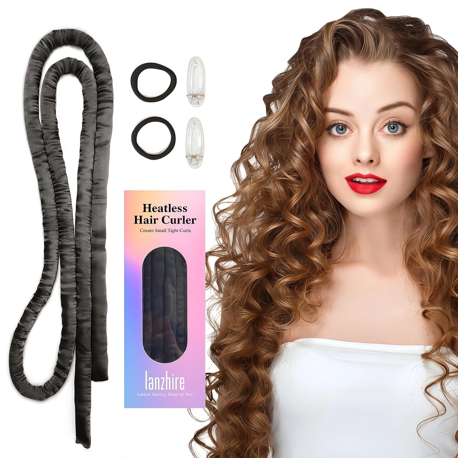 Lanzhire No Heat Overnight Curling Headband for Long and Short Hair – Thin Heatless Curlers to Sleep In (Black)