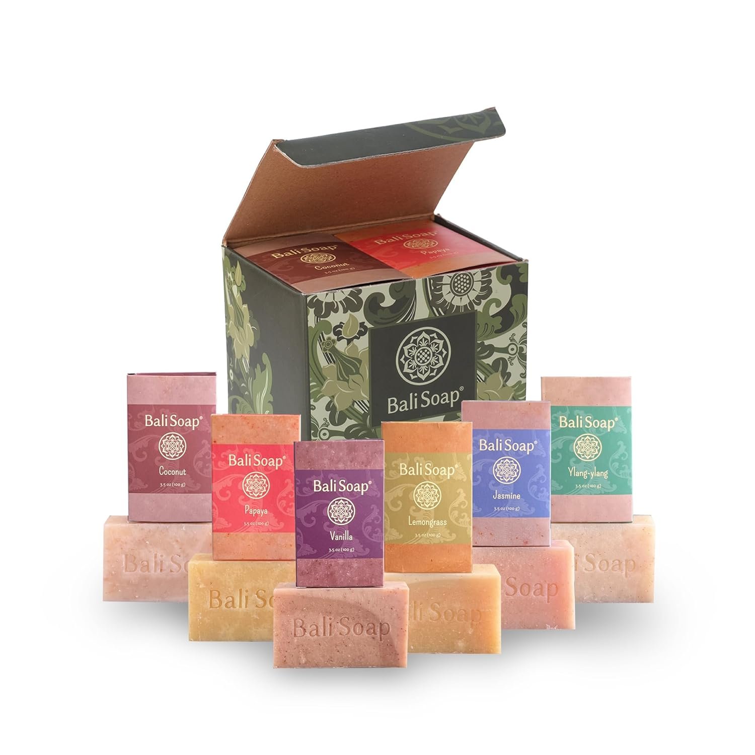 Bali Soap Natural Soap Gift Set – 6 Pack (3.5 oz Each) Handmade Spa Bars, Moisturizing Aromatherapy for Face & Body (Coconut, Papaya, Vanilla, Lemongrass, Jasmine, Ylang Ylang)