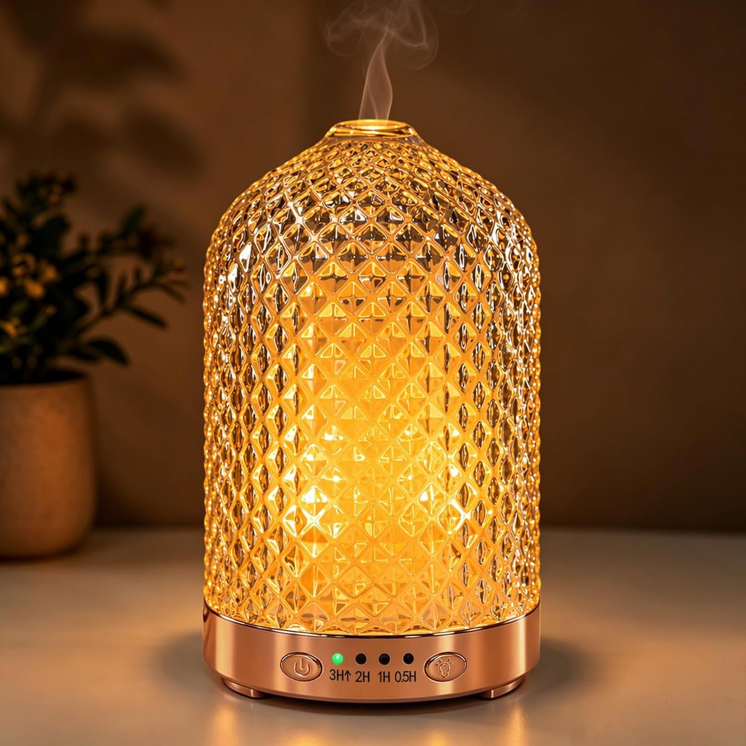 Essential Oil Diffuser, 120ML Glass Aromatherapy Diffuser with 7 Color Lights & Timer, Ultrasonic Small Humidifier with Auto Shut-Off for Home Office Bedroom (Glass-Diamond)