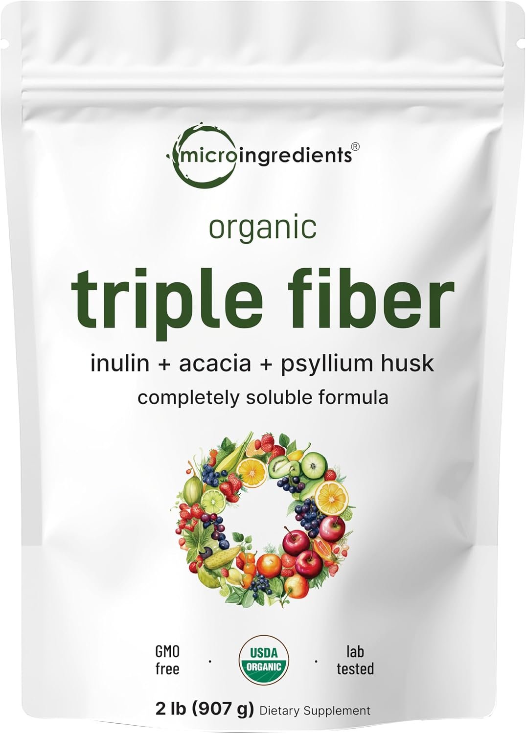 Micro Ingredients Organic Triple Fiber Powder, 2lb | Natural Prebiotic to Support Digestive & Gut Health | Soluble, Easily Digestible | Unflavored, Vegan