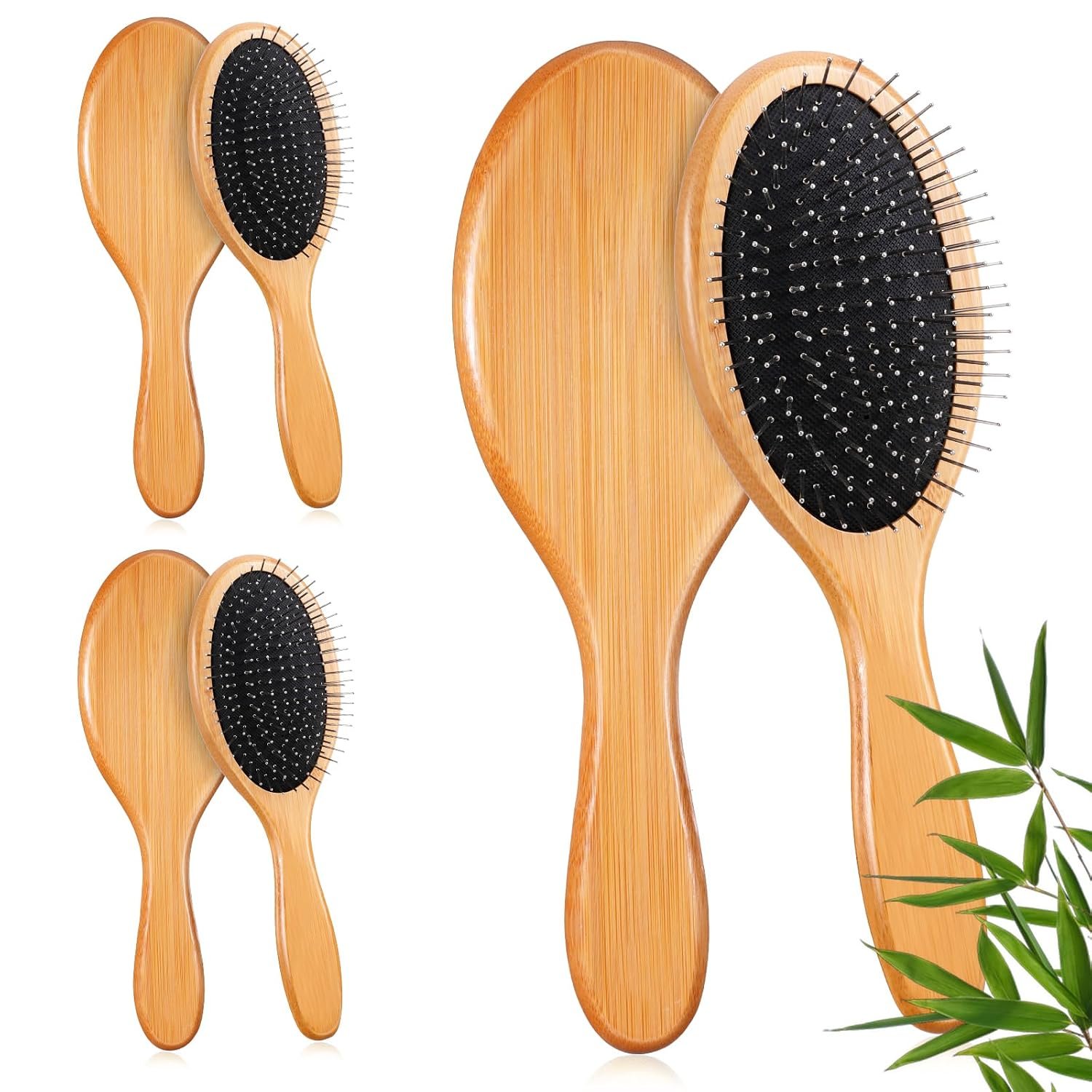 6pcs Bamboo Hair Brush with Steel Bristles for Women Wooden Paddle Hairbrush for Anti-Static Detangling and Scalp Massage Wooden Handle Brush for All Hair Types