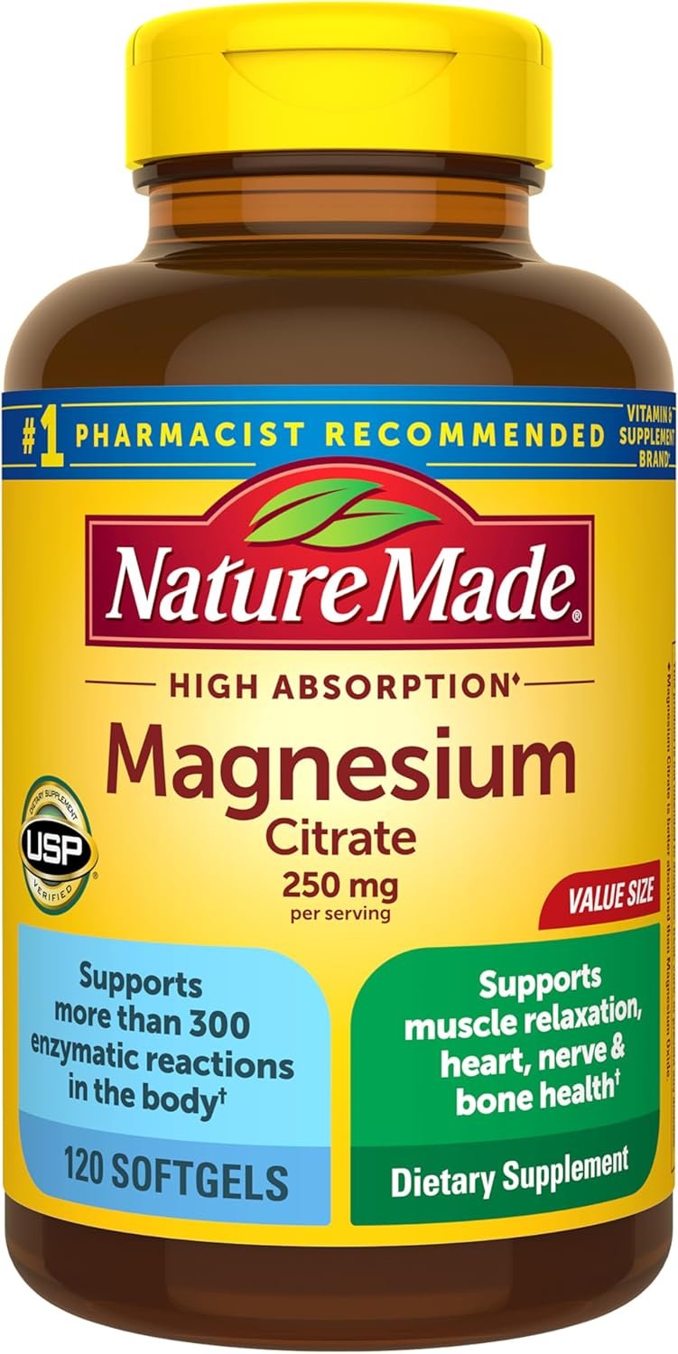 Nature Made Magnesium Citrate 250 mg per serving, Magnesium Supplements for Men and Women, Support for Muscle, Nerve, Bone and Heart, 120 Softgels, 60 Day Supply