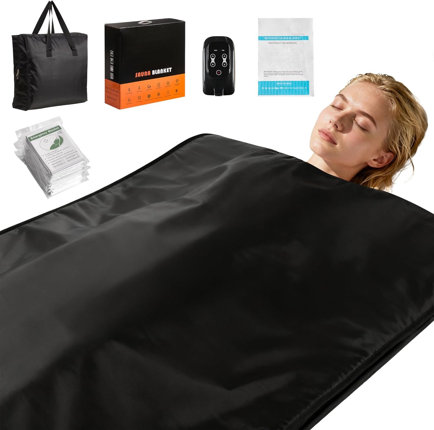 Sauna Blanket Portable, Sauna Bag for Home Use Weight Loss and Detox, 86–158℉, Min Timer, Waterproof Foldable, Includes Remote Control Carrying Bag (Black)