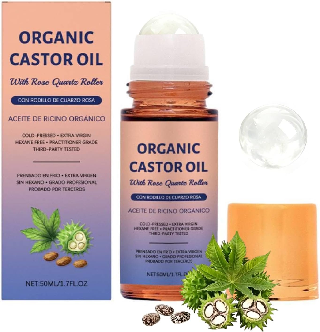 Organic Castor Oil Roll-on with Rose Quartz Roller, 100% Organic Cold Pressed Castor Oil for Face and Body, Neck, Moisturize Skin 1.7oz (50mL)