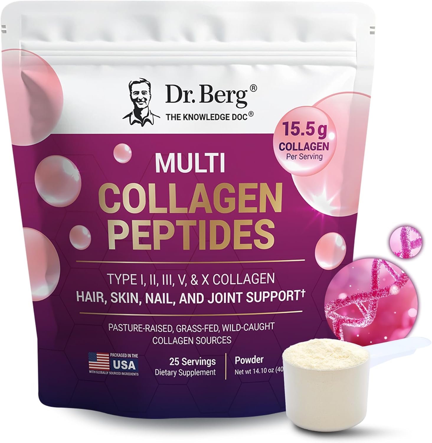 Dr. Berg Multi Collagen Peptides Powder Types I, II, III, V, X – Unflavored Collagen Powder w/ 14 g of Protein – Grass-Fed, Pasture-Raised & Wild-Caught Collagen Sources – 25 Servings