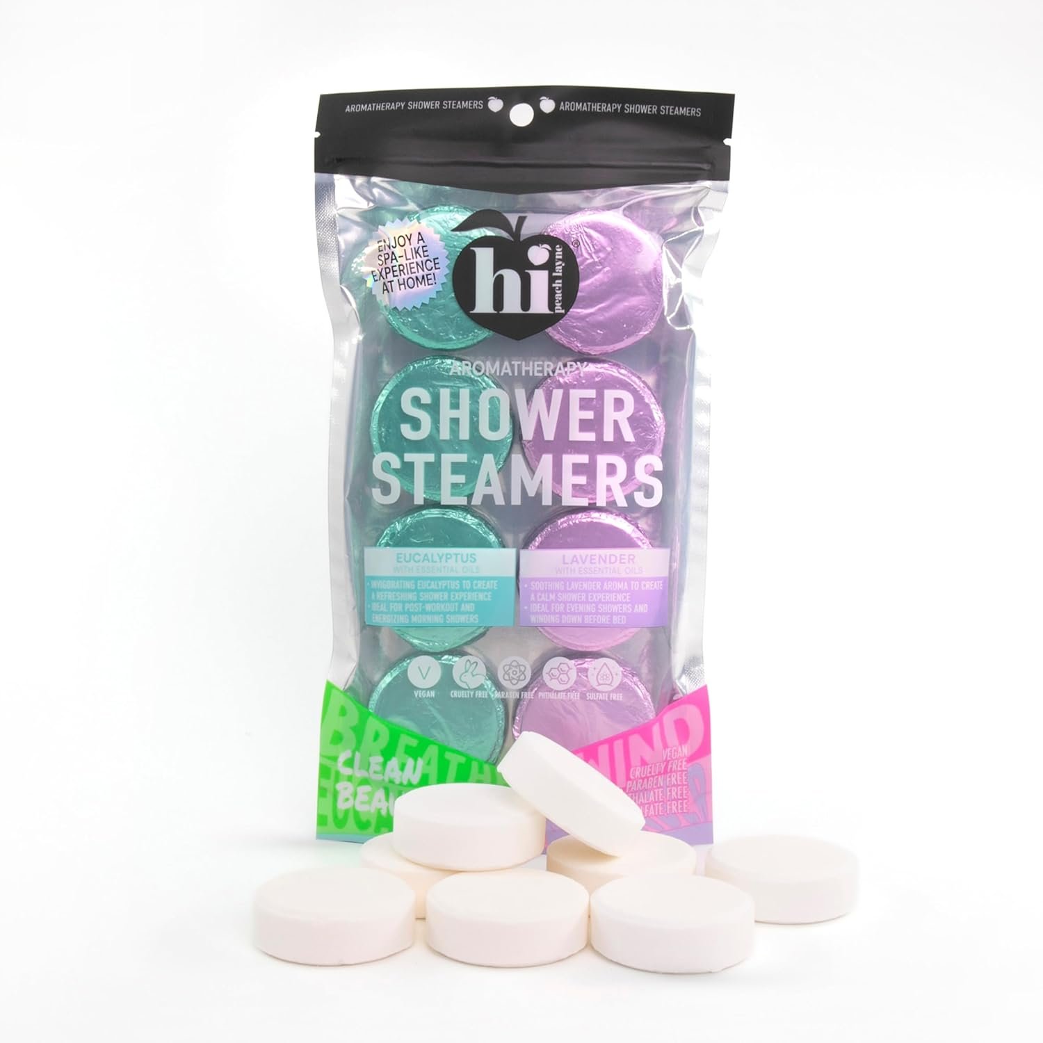 Aromatherapy Shower Steamers Variety Pack by Hi Peach Layne – Pack of 8: Four Eucalyptus & Four Lavender Shower Steamer Tablets
