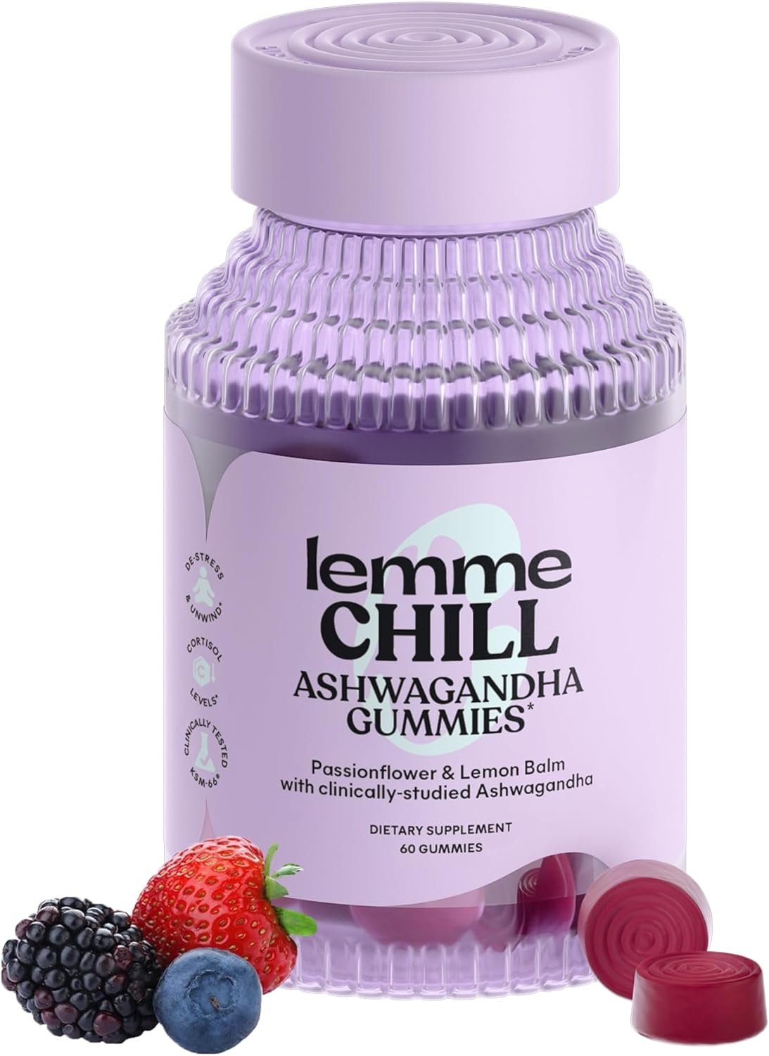 Lemme Chill Stress Relief Gummies with 300mg KSM-66 Ashwagandha, Lemon Balm, Passionflower & Goji to Support Relaxation, Healthy Cortisol & Sleep – Gluten-Free, Non-GMO, Mixed Berry (60 Count)