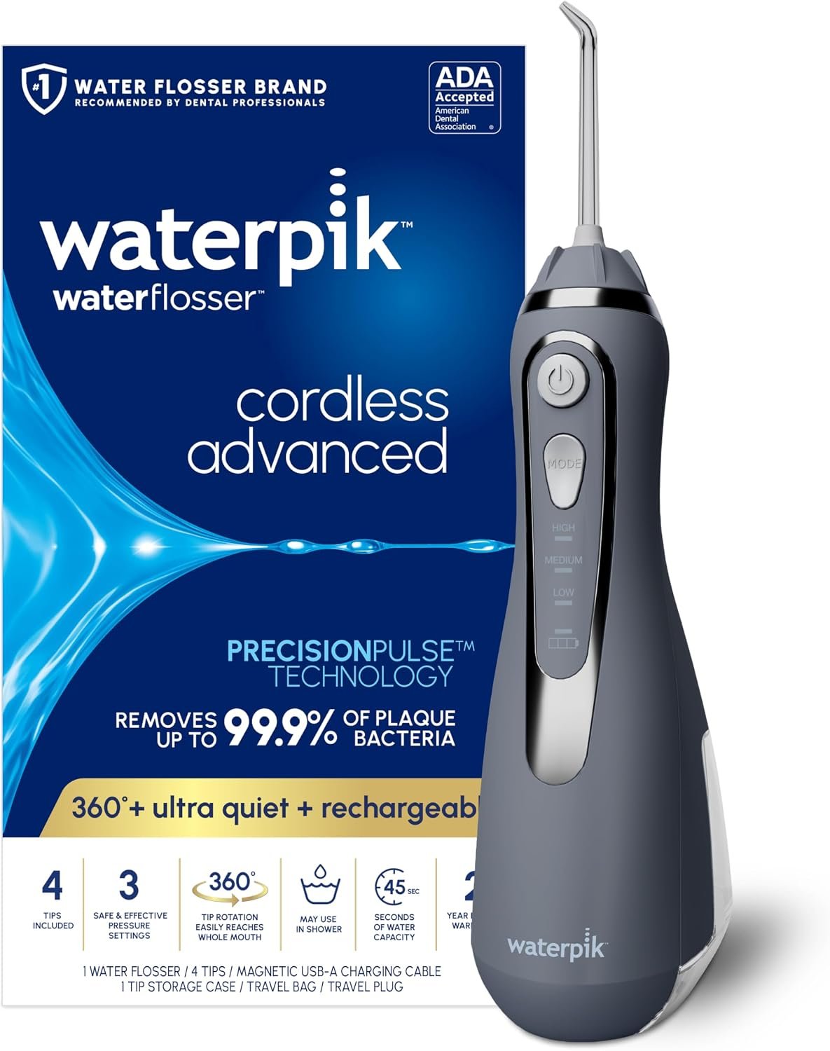 Waterpik Cordless Advanced 2.0 Water Flosser For Teeth, Gums, Braces, Dental Care With Travel Bag and 4 Tips, ADA Accepted, Rechargeable, Portable, and Waterproof, Gray WP-587, Packaging May Vary
