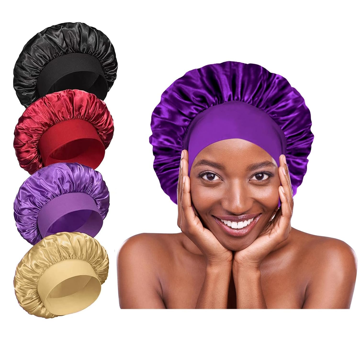 4Pcs Silk Satin Bonnets for Sleeping – Elastic Wide Band Wrap for Black Women Men,Silk Bonnets for Curly Hair,Large Hair Cap for Sleeping (Black+Wine Red+Purple+Brown)