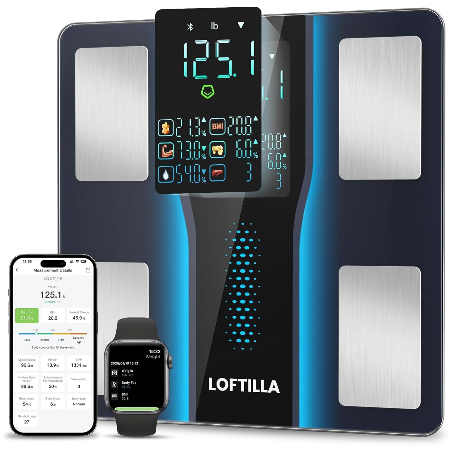 LOFTILLA Smart Scale for Body Weight, Accurate Scale with BMI Body Fat Muscle Mass, 8-in-1 Large Display, Digital Bathroom Scales for 14 Body Composition Metrics, Sync with Fitness App, Black