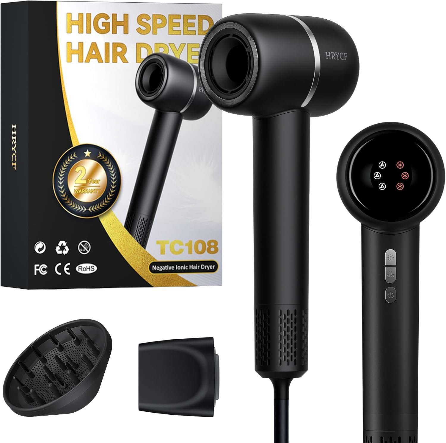 Professional Ionic Hair Dryer 160000RPM – High-Speed Brushless Blow Dryer with Smoothing Brush & Diffuser, Negative Ion Hair Care, Fast Drying, Thermo-Control, Low Noise, Lightweight, Portable, Black