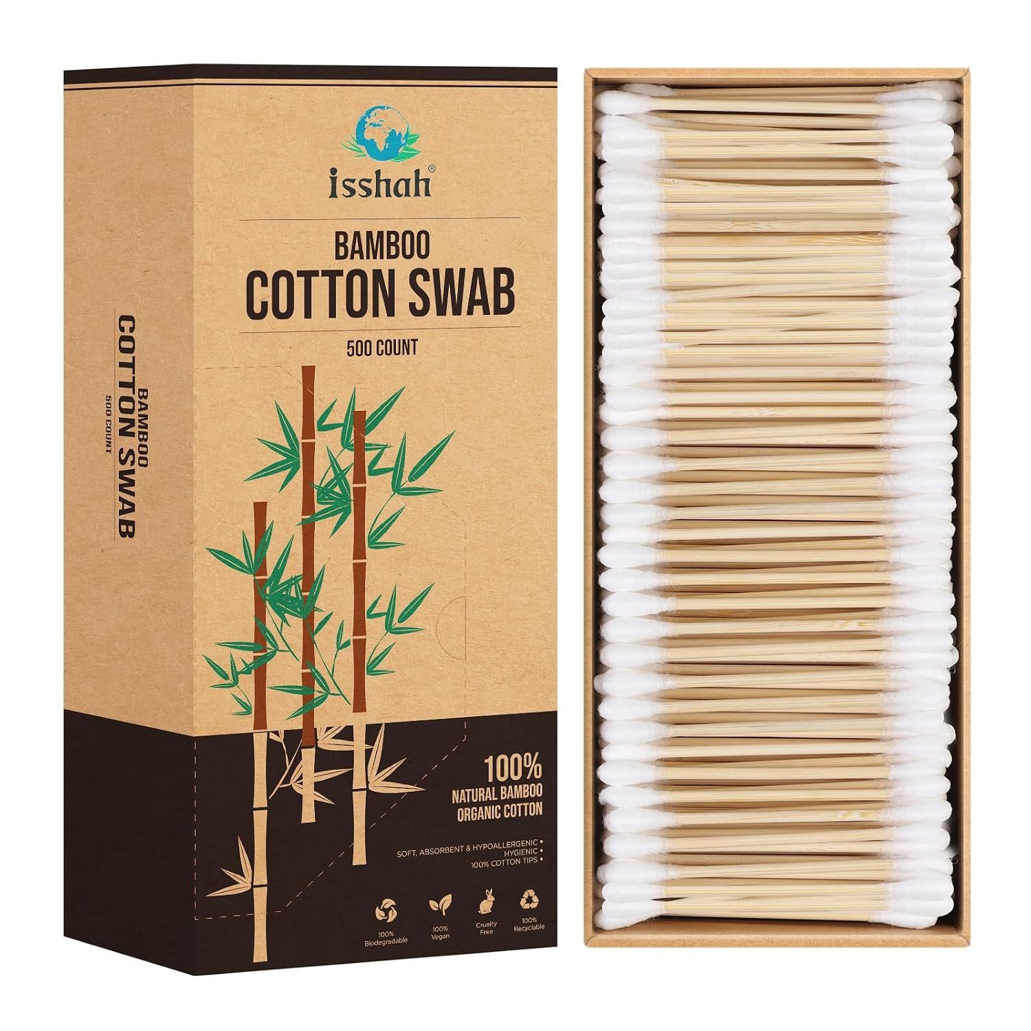 Isshah Double Tips Bamboo Cotton Swabs – 500 Count – FSC Certified | PETA approved bamboo cotton swabs. Plastic free, eco friendly, 100% biodegradable organic cotton. Double tipped design.